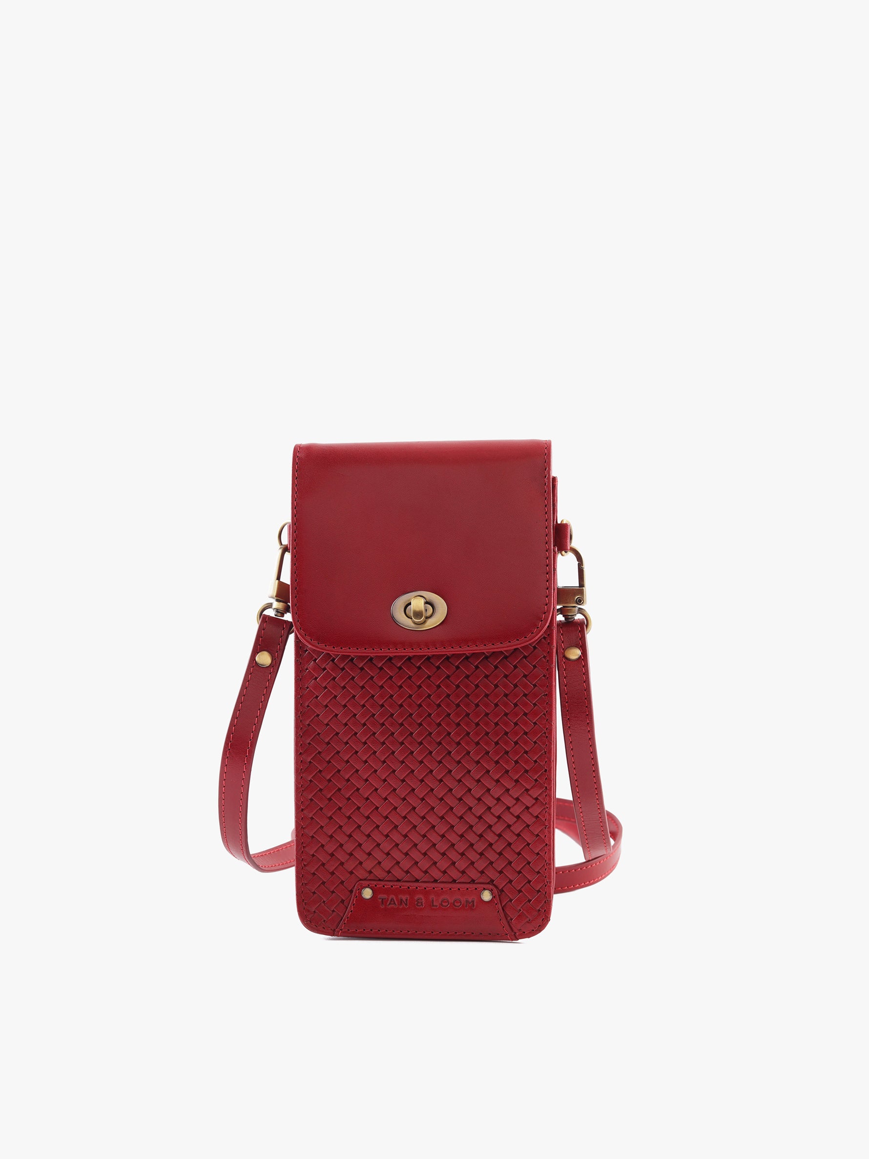 Handcrafted Woven Vegetable Tanned Leather Manhattan Mobile Sling Cherry Red for Women Tan & Loom