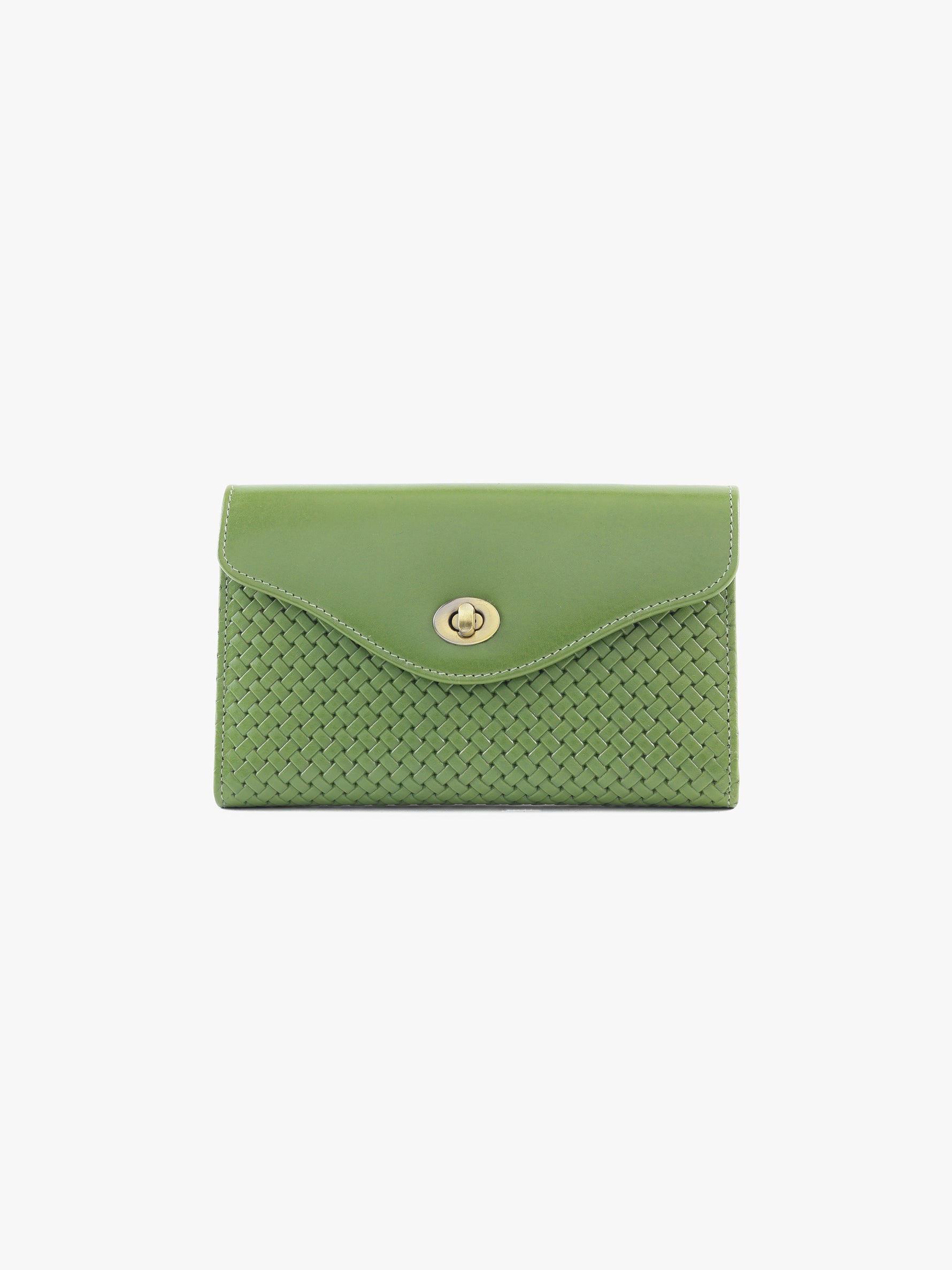 Handcrafted Woven Vegetable Tanned Leather Colaba Clutch Wallet Matcha Green for Women Tan & Loom