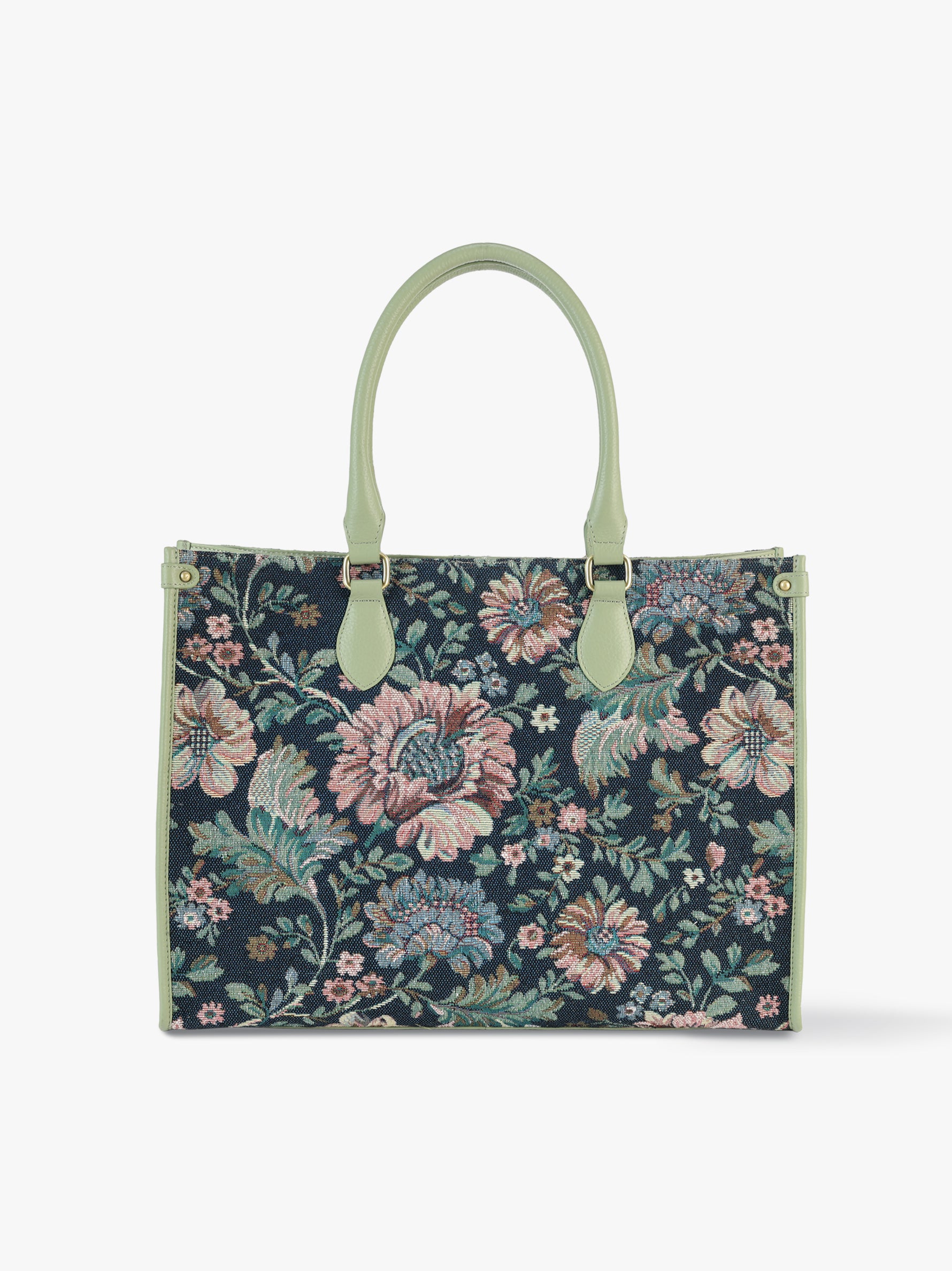 Handcrafted genuine leather and vintage floral tote for women in denim blue jacquard with mint green leather trim