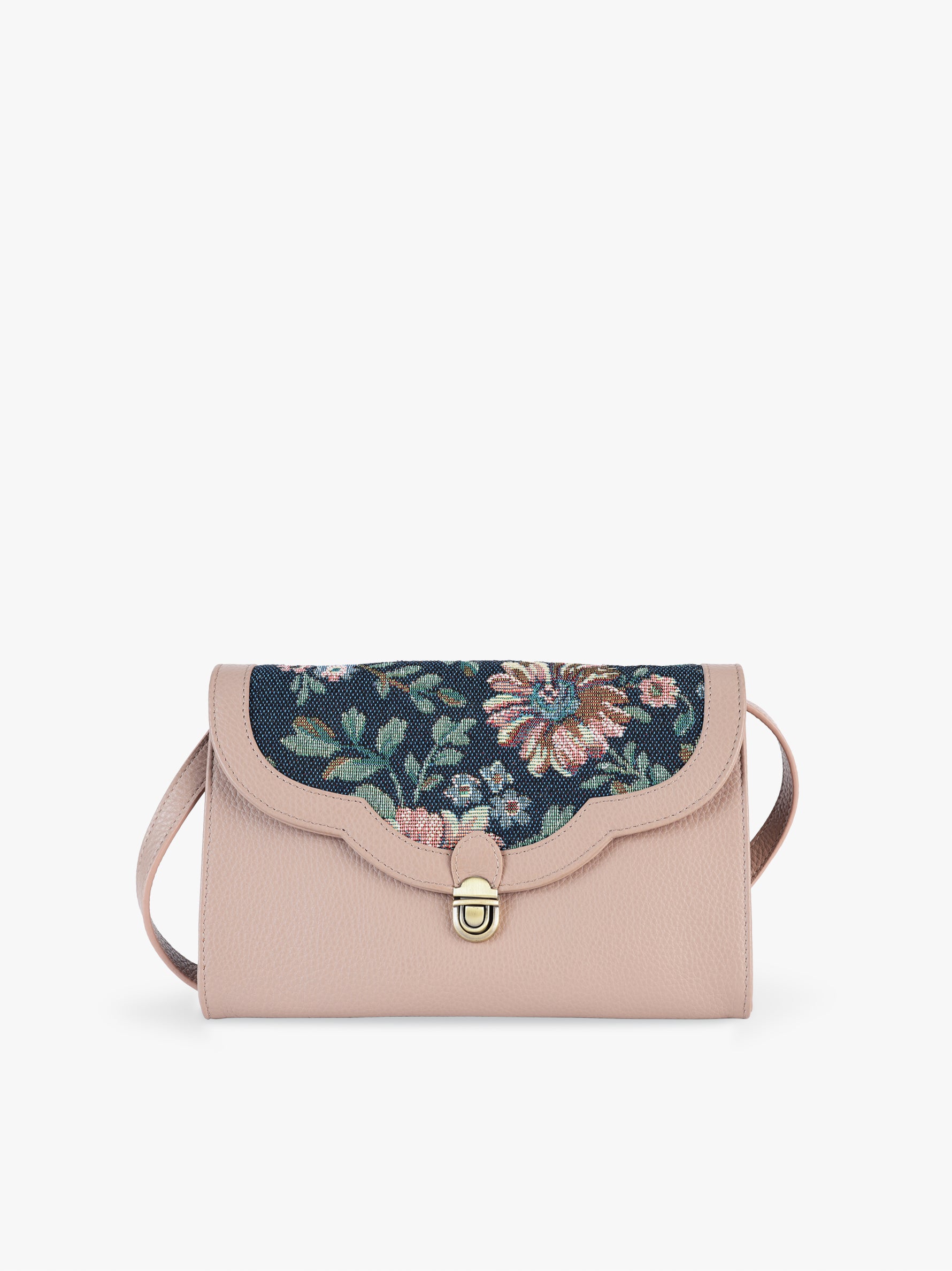 Handcrafted genuine leather and vintage floral sling bag for women in denim blue jacquard and pink leather trim