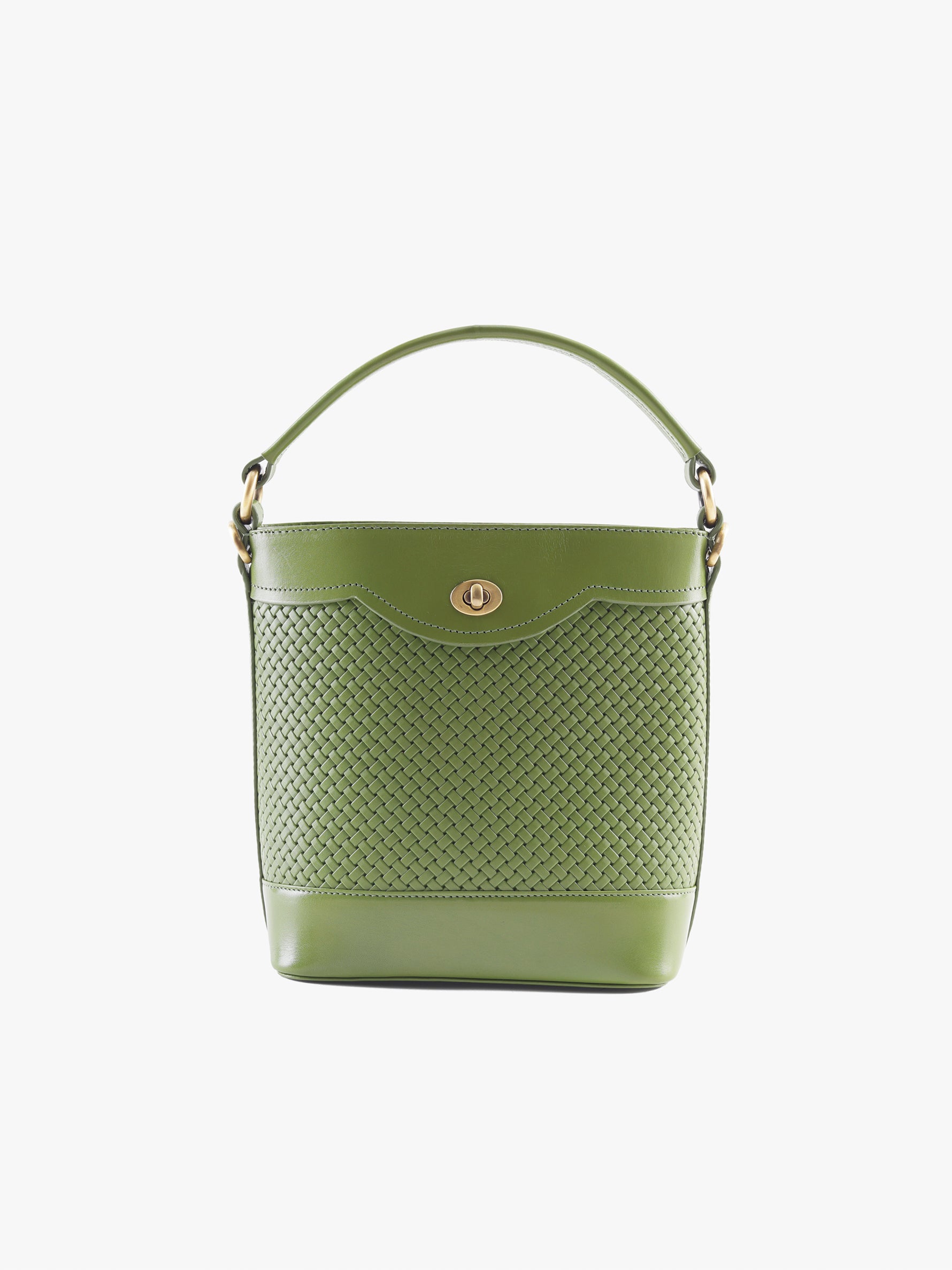 Handcrafted Woven Vegetable Tanned Leather Portobello Bucket Bag Matcha Green for Women Tan & Loom