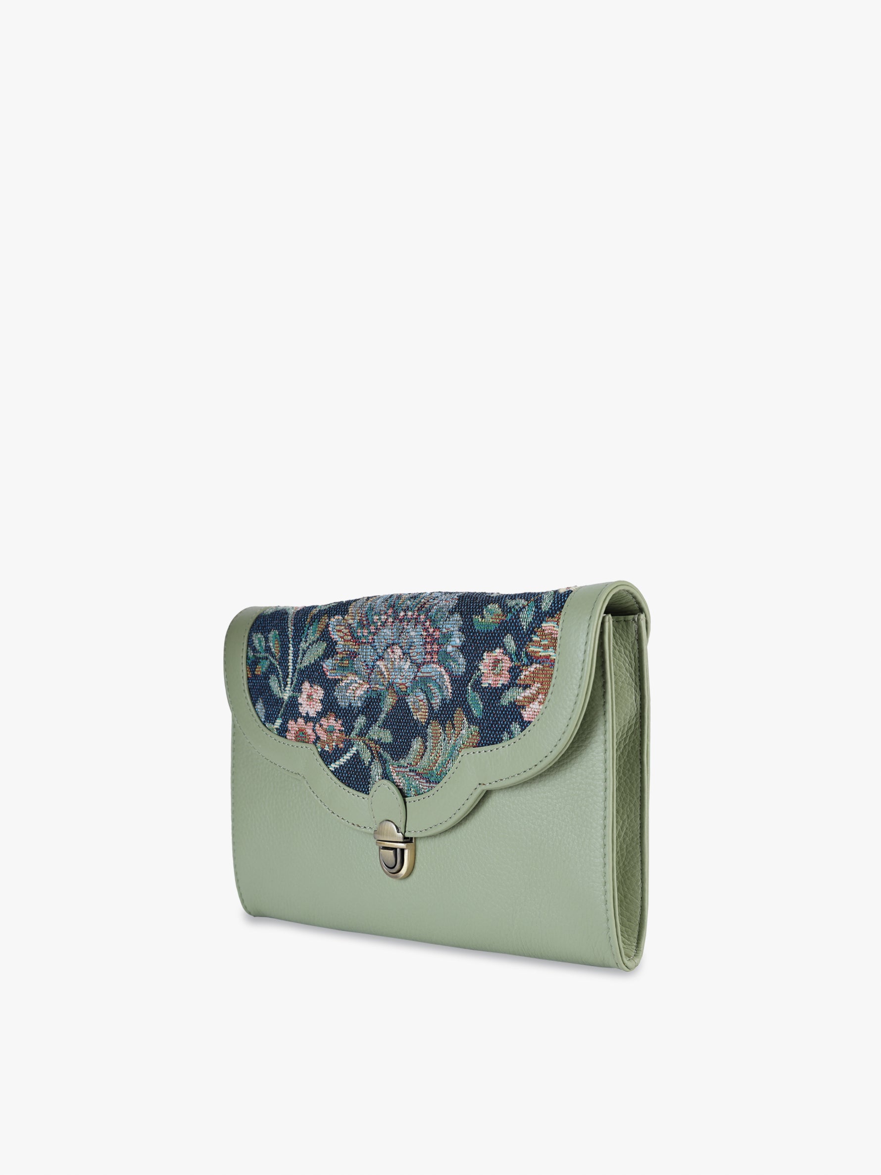 Handcrafted genuine leather and vintage floral sling bag for women in denim blue jacquard with mint green leather trim
