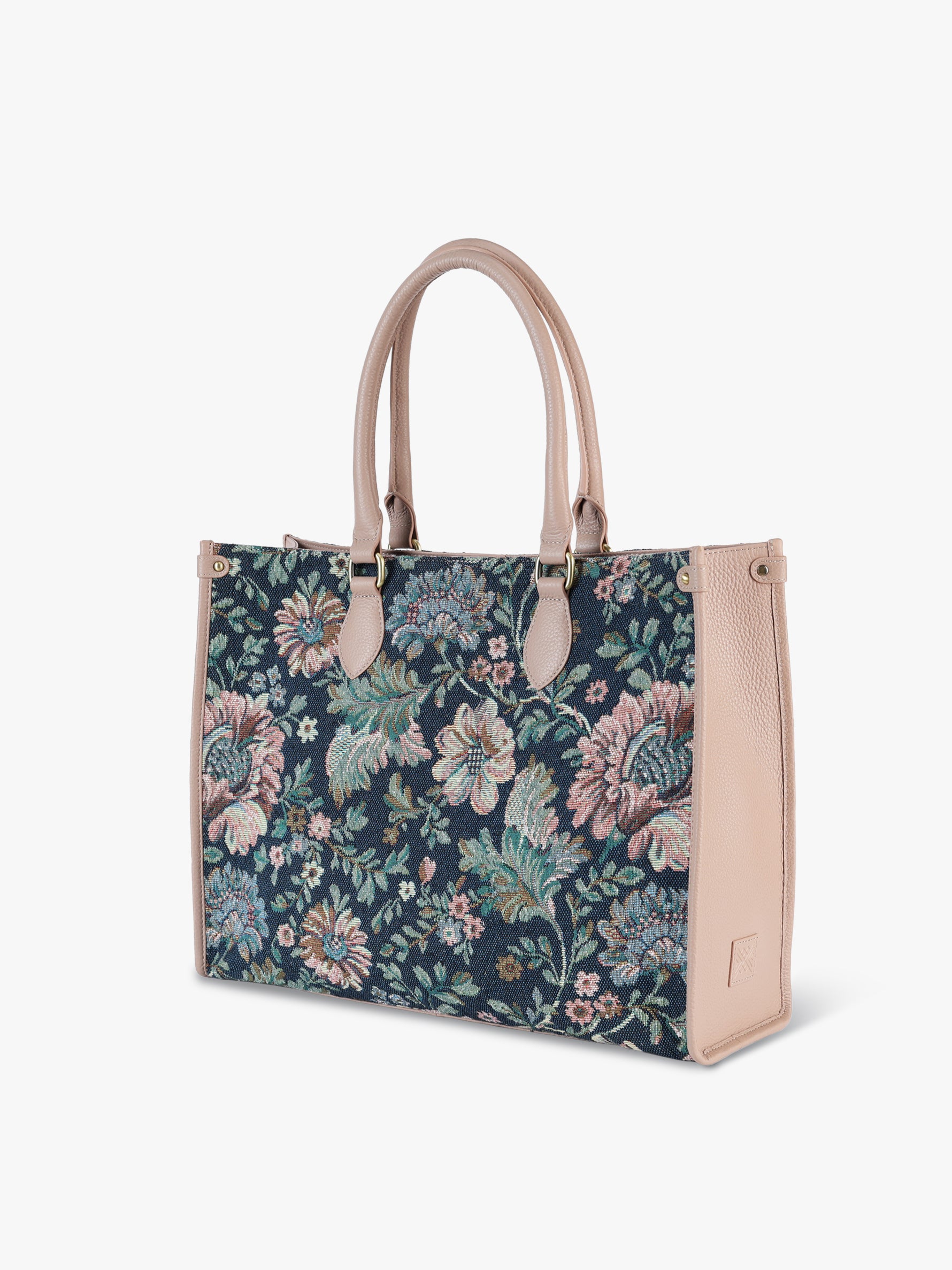 Handcrafted genuine leather and vintage floral tote for women in denim blue jacquard and pink leather trim