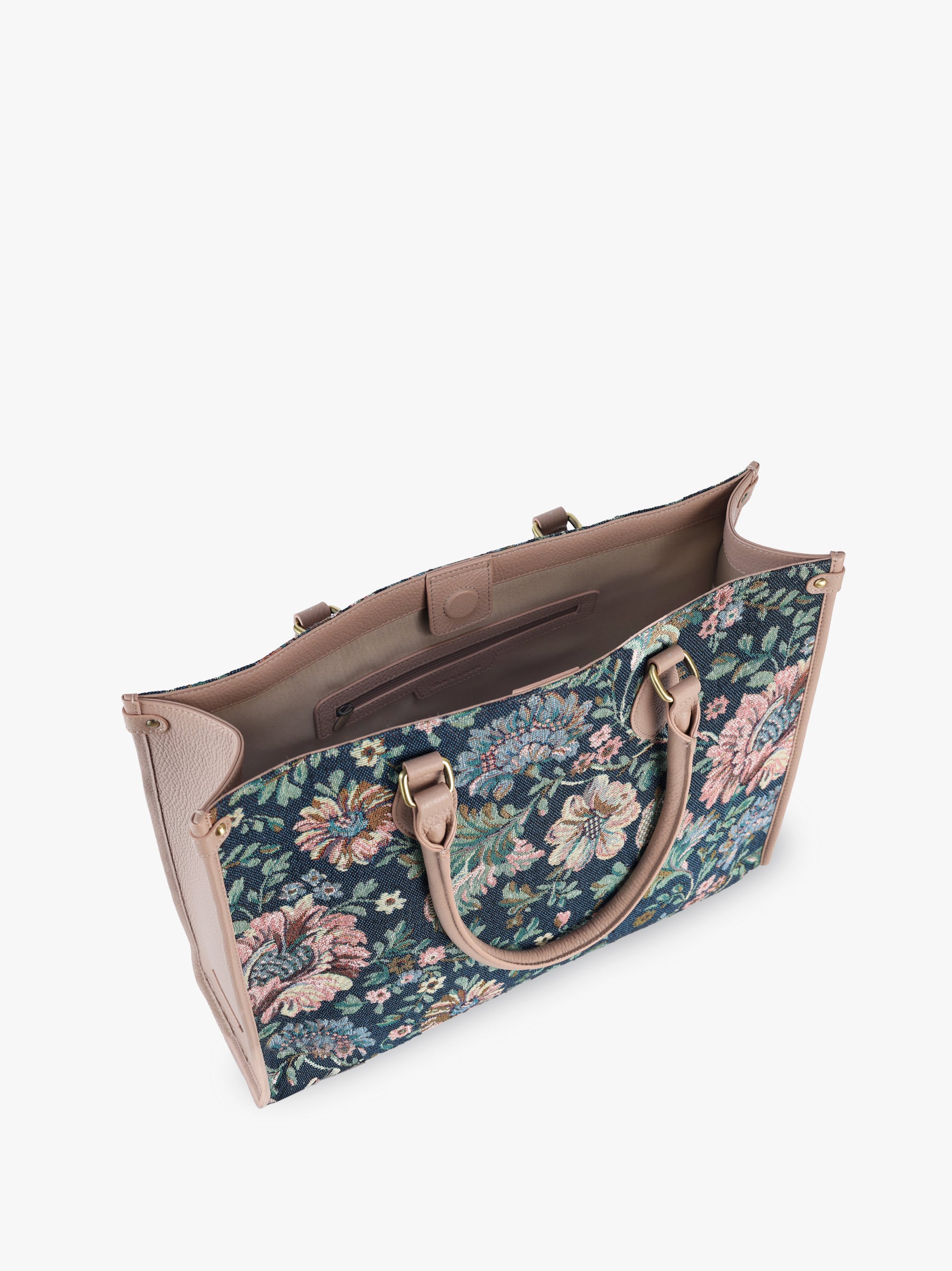 Handcrafted genuine leather and vintage floral tote for women in denim blue jacquard and pink leather trim