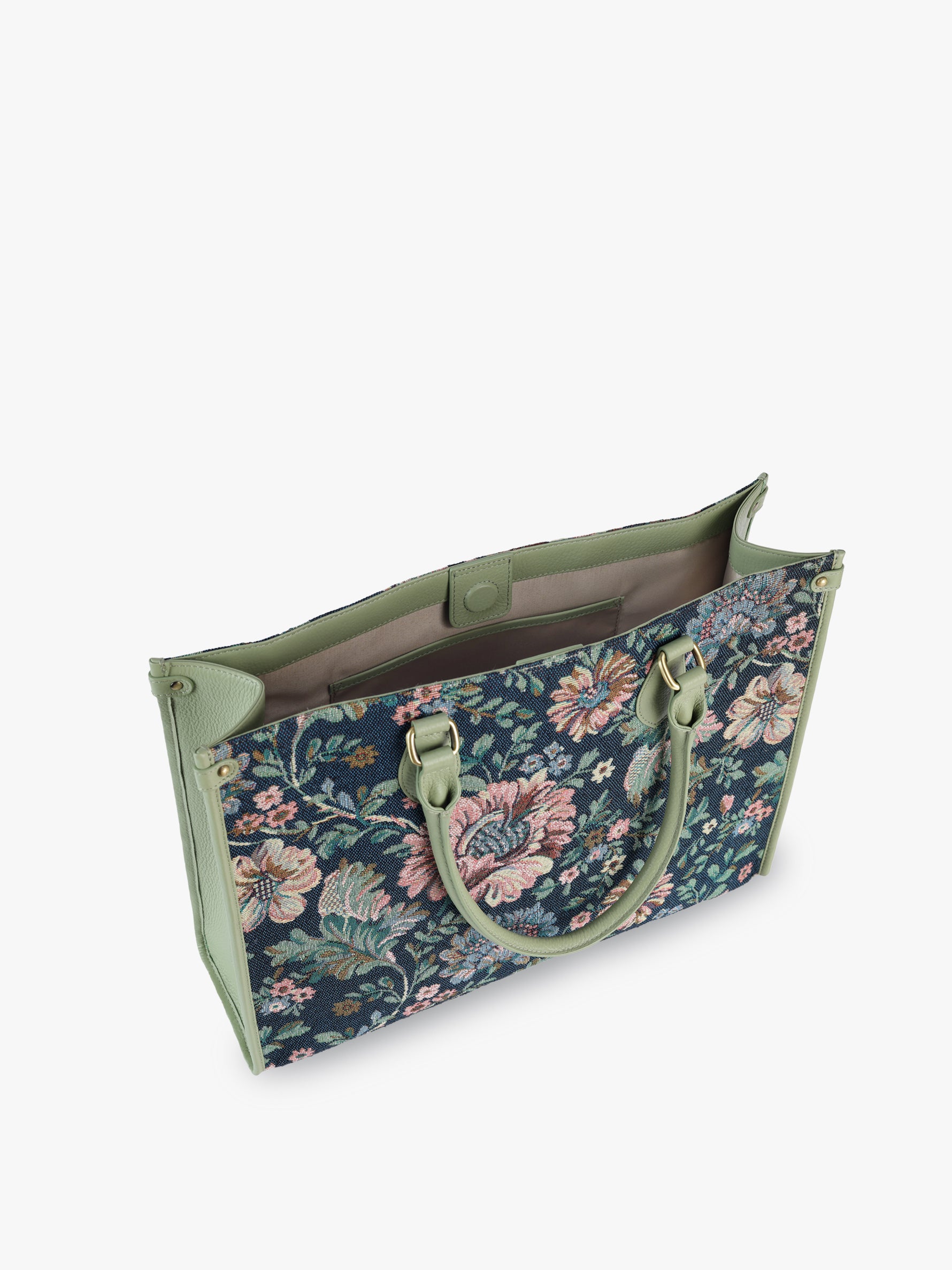 Handcrafted genuine leather and vintage floral tote for women in denim blue jacquard with mint green leather trim