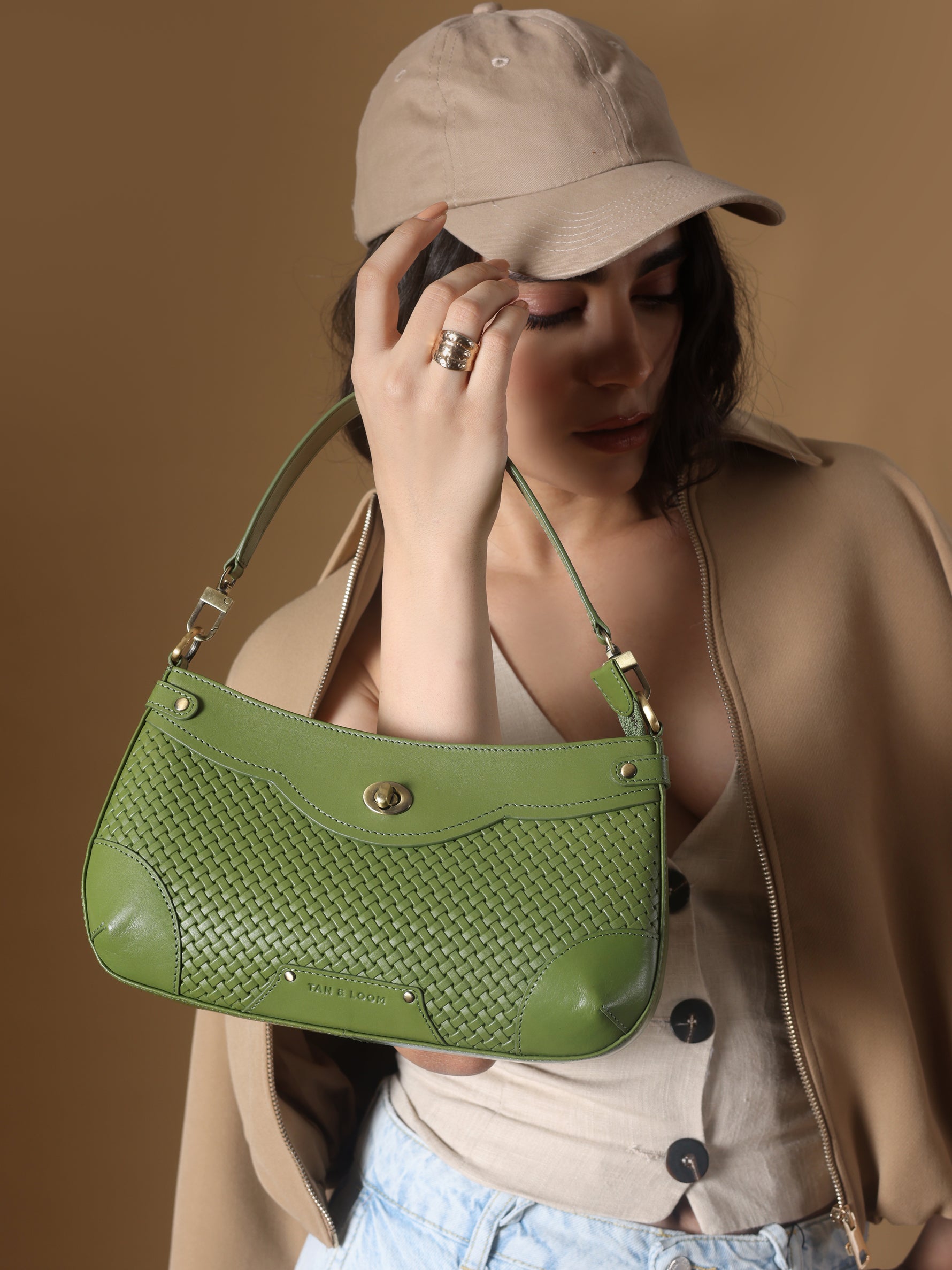 Handcrafted Woven Vegetable Tanned Leather Brooklyn Baguette Matcha Green for Women Tan & Loom