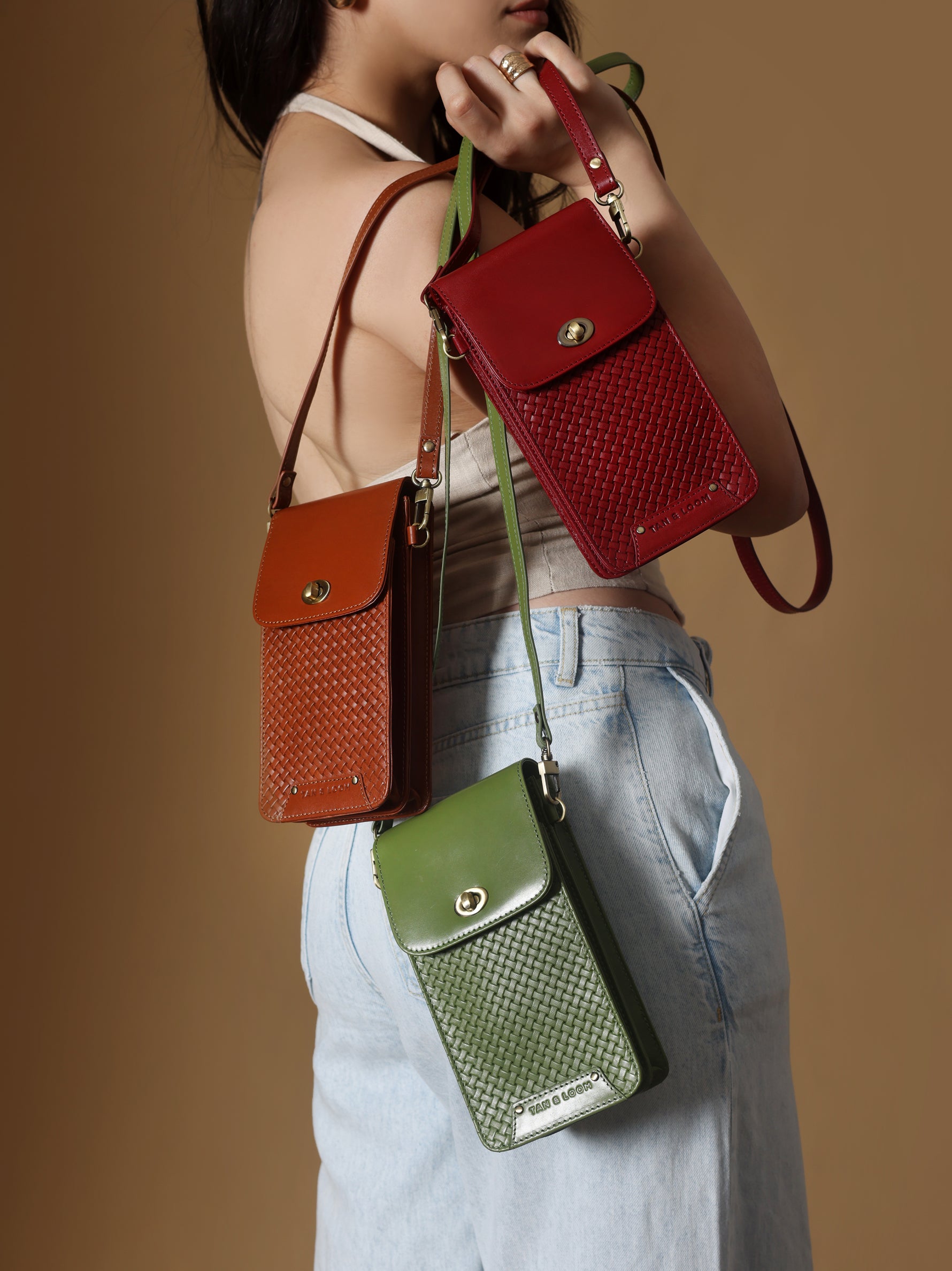 Handcrafted Woven Vegetable Tanned Leather Manhattan Mobile Sling Matcha Green for Women Tan & Loom