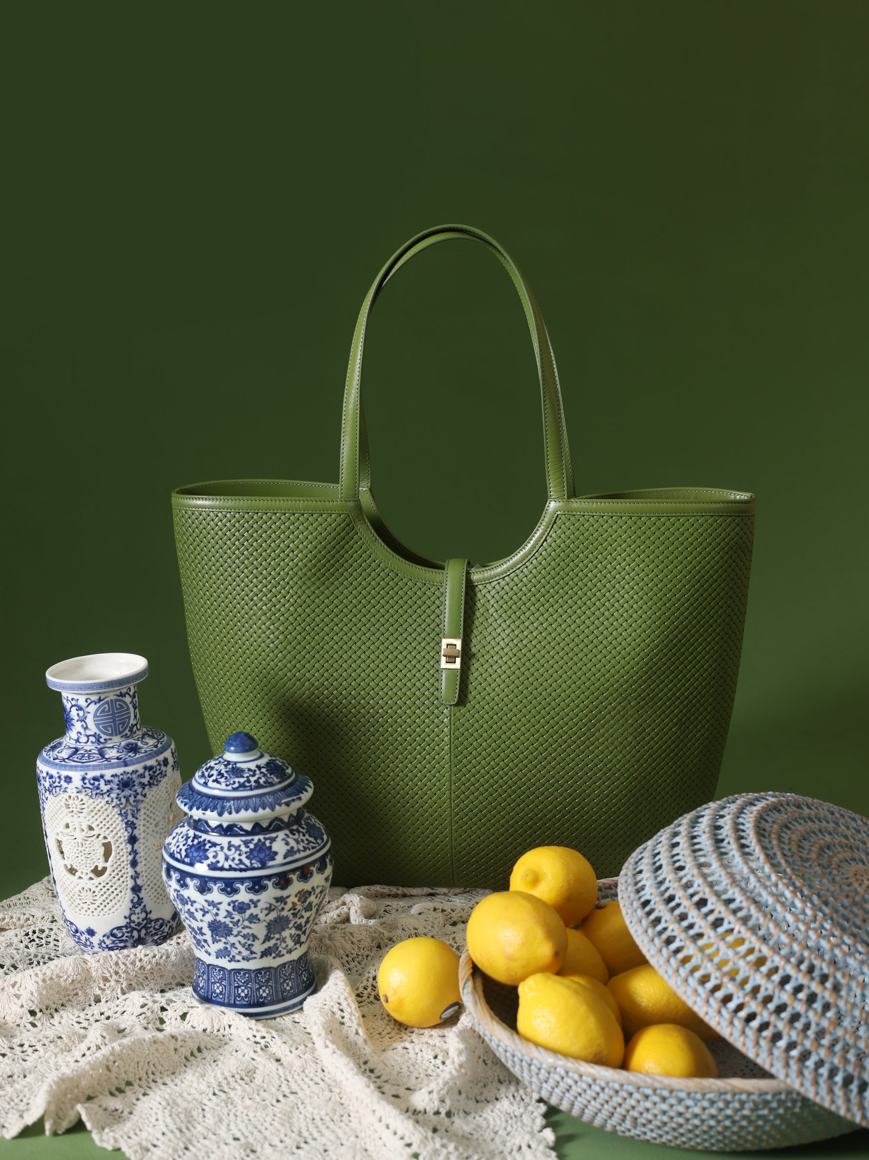 Handcrafted Woven Vegetable Tanned Leather Amalfi Tote Large Matcha Green for Women Tan & Loom