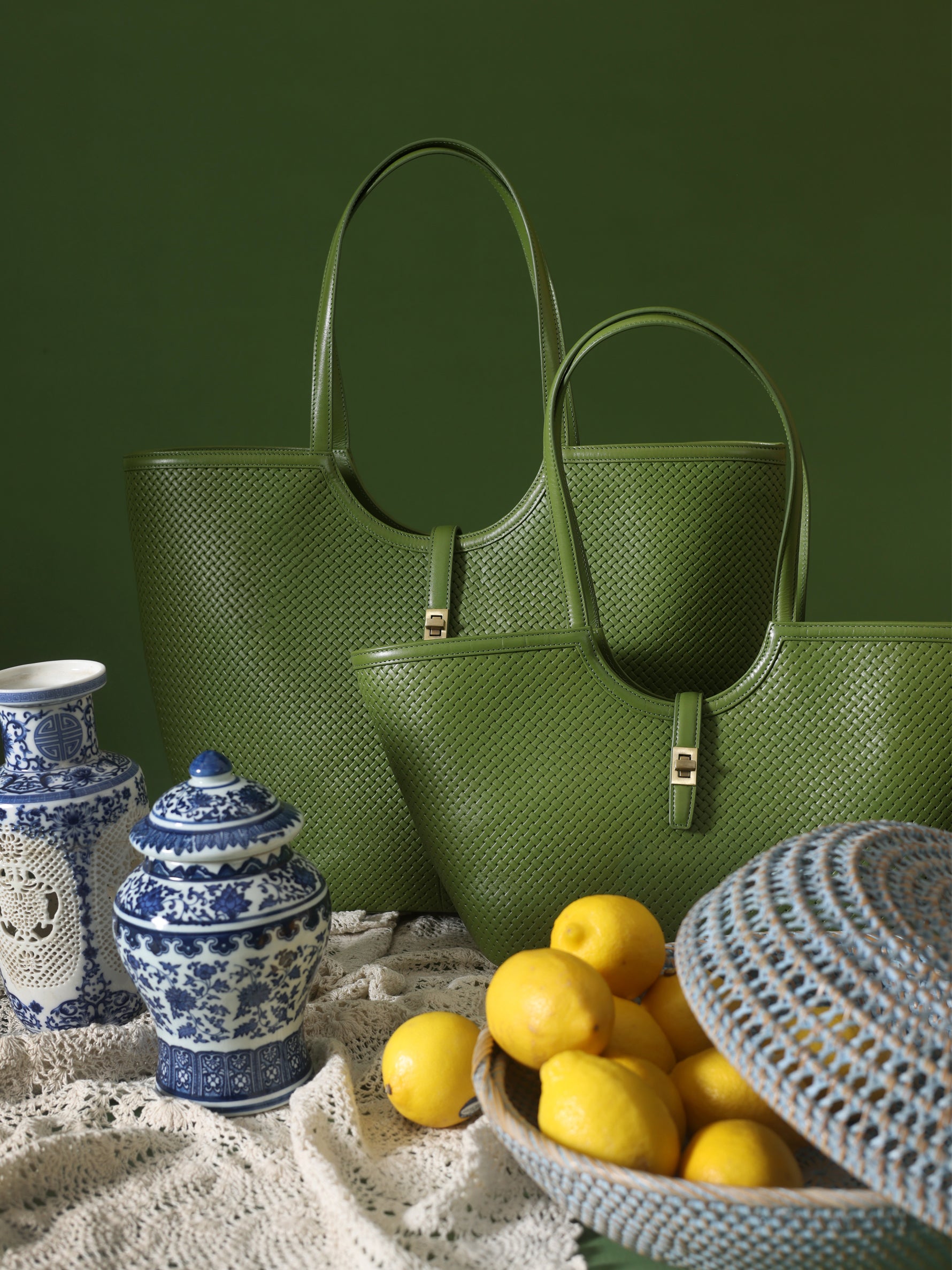 Handcrafted Woven Vegetable Tanned Leather Amalfi Tote Large Medium Matcha Green for Women Tan & Loom