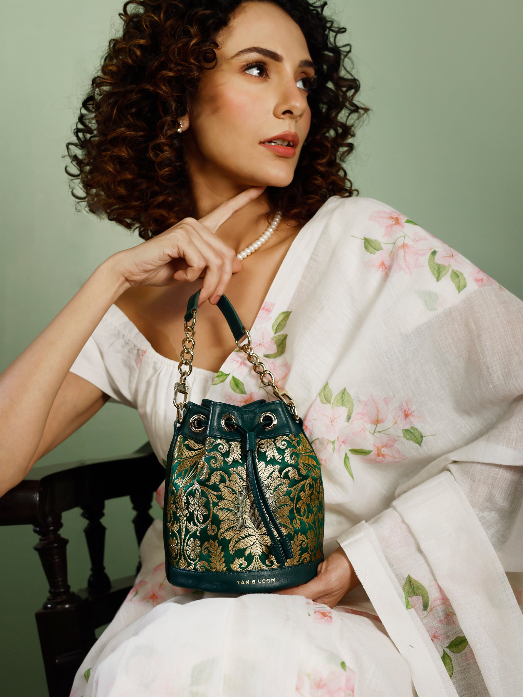 Handcrafted Forrest Green Genuine Leather & Banarasi Brocade Bucket Potli Bag for Women Tan & Loom