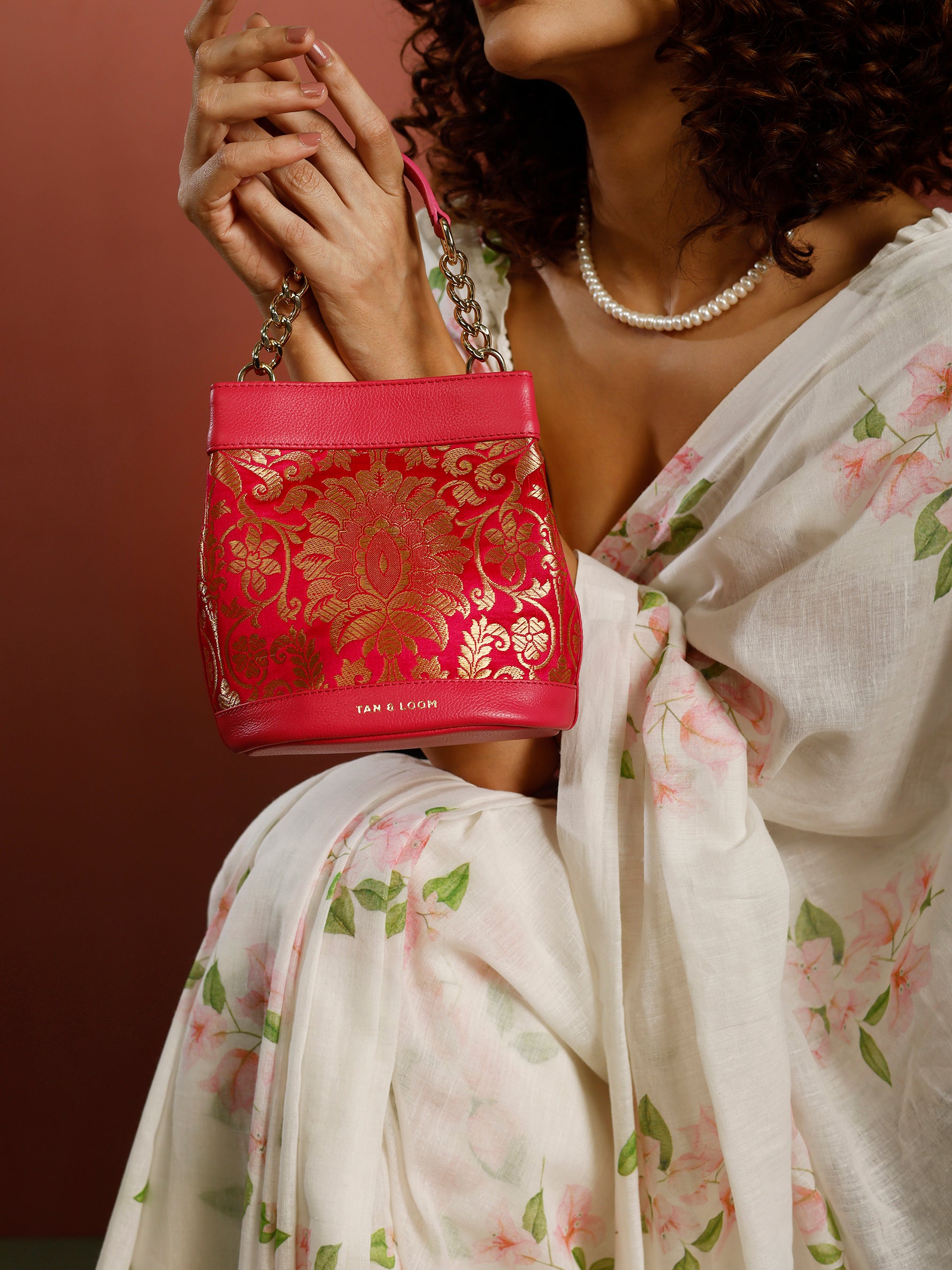 Handcrafted Pink Genuine Leather & Banarasi Brocade Rani Batua for Women Tan & Loom