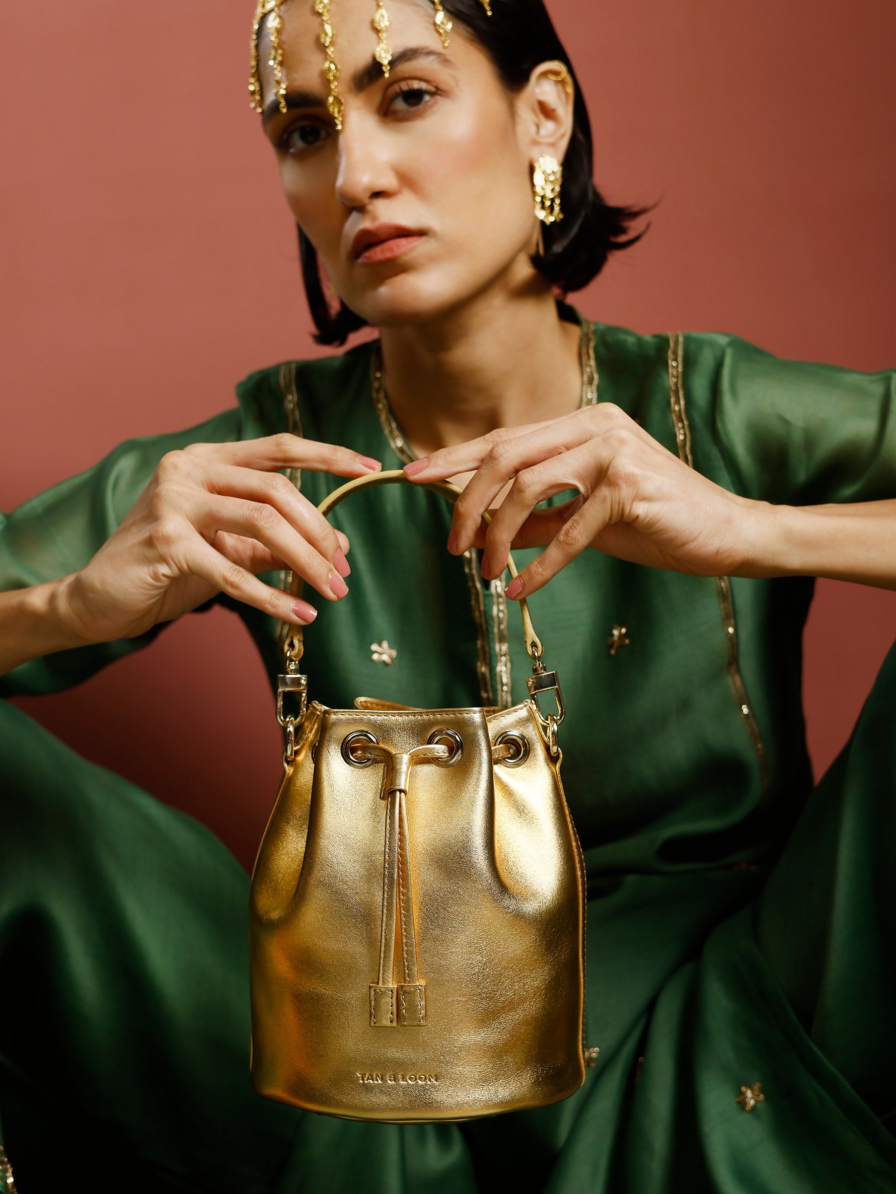 Handcrafted Gold Genuine Leather Bucket Potli Bag for Women Tan & Loom