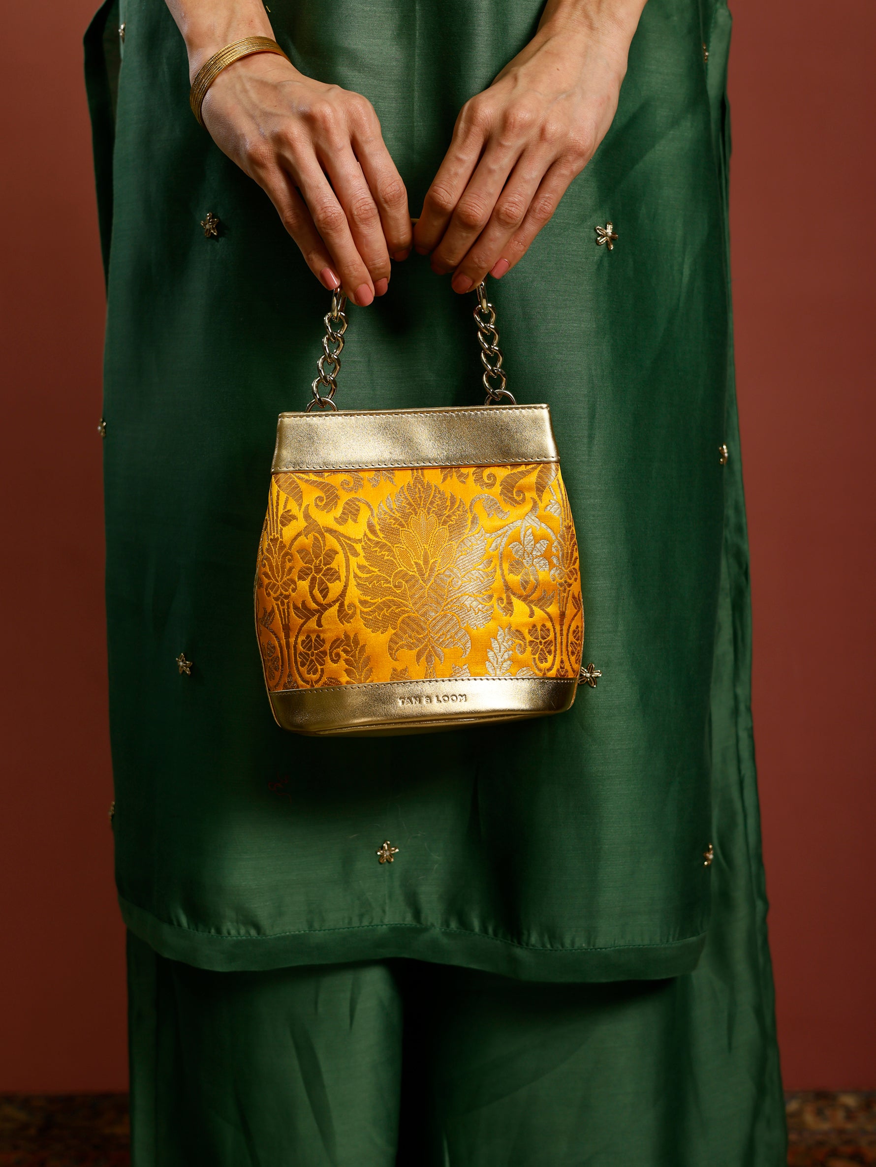 Handcrafted Yellow Genuine Leather & Banarasi Brocade Rani Batua for Women Tan & Loom
