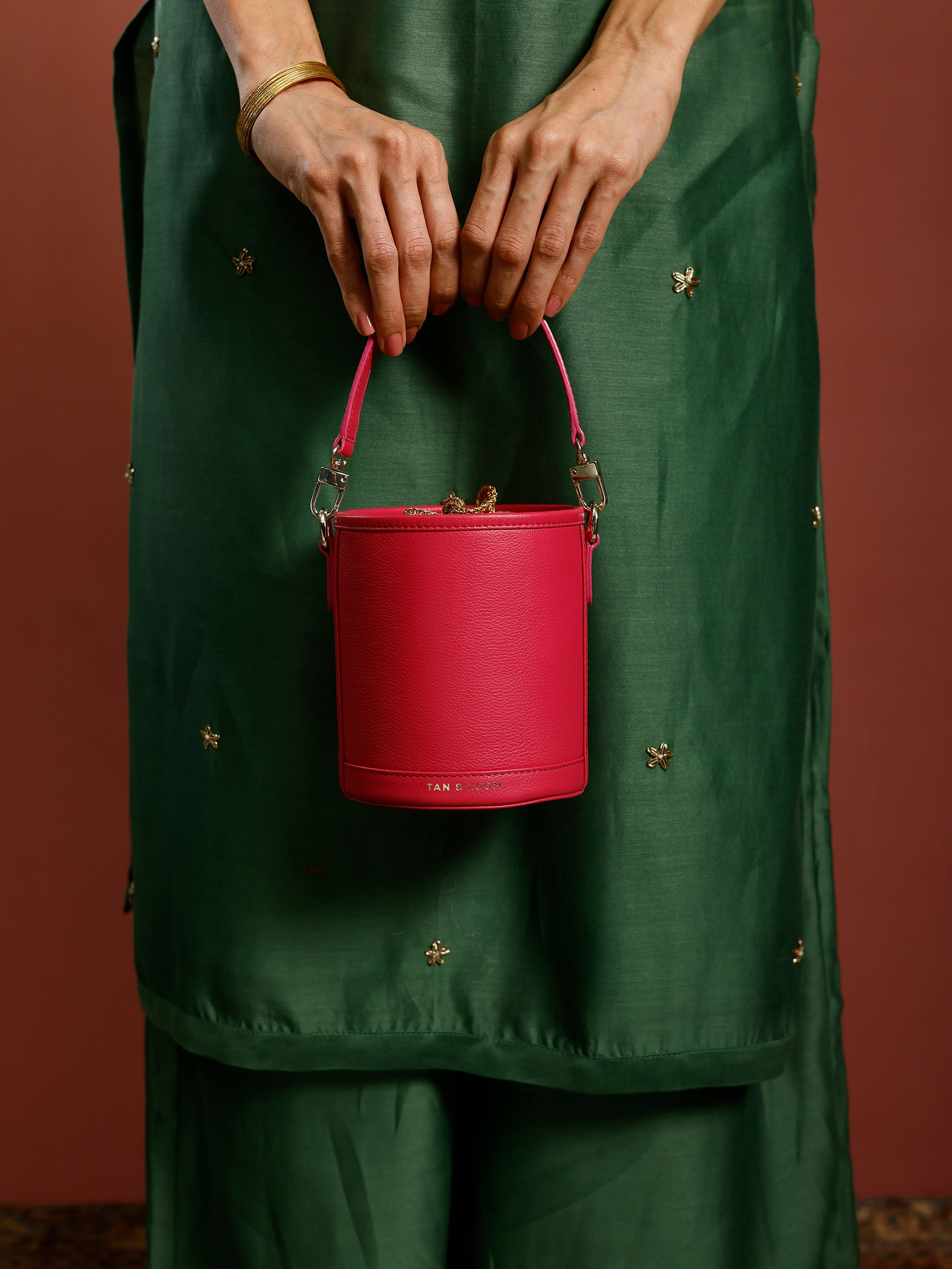 Handcrafted Pink Genuine Leather Cylinder Potli Bag for Women Tan & Loom