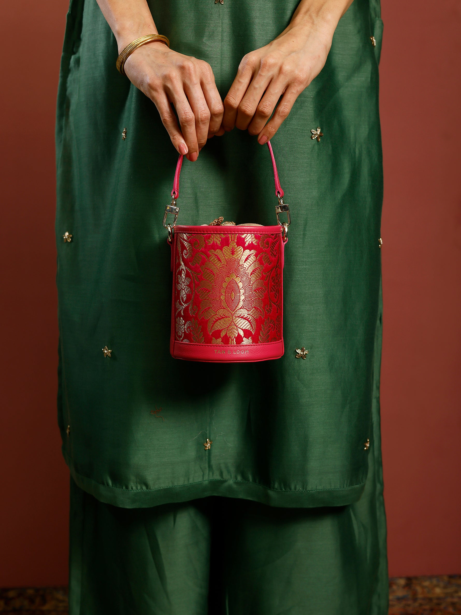 Handcrafted Pink Genuine Leather & Banarasi Brocade Cylinder Potli Bag for Women Tan & Loom