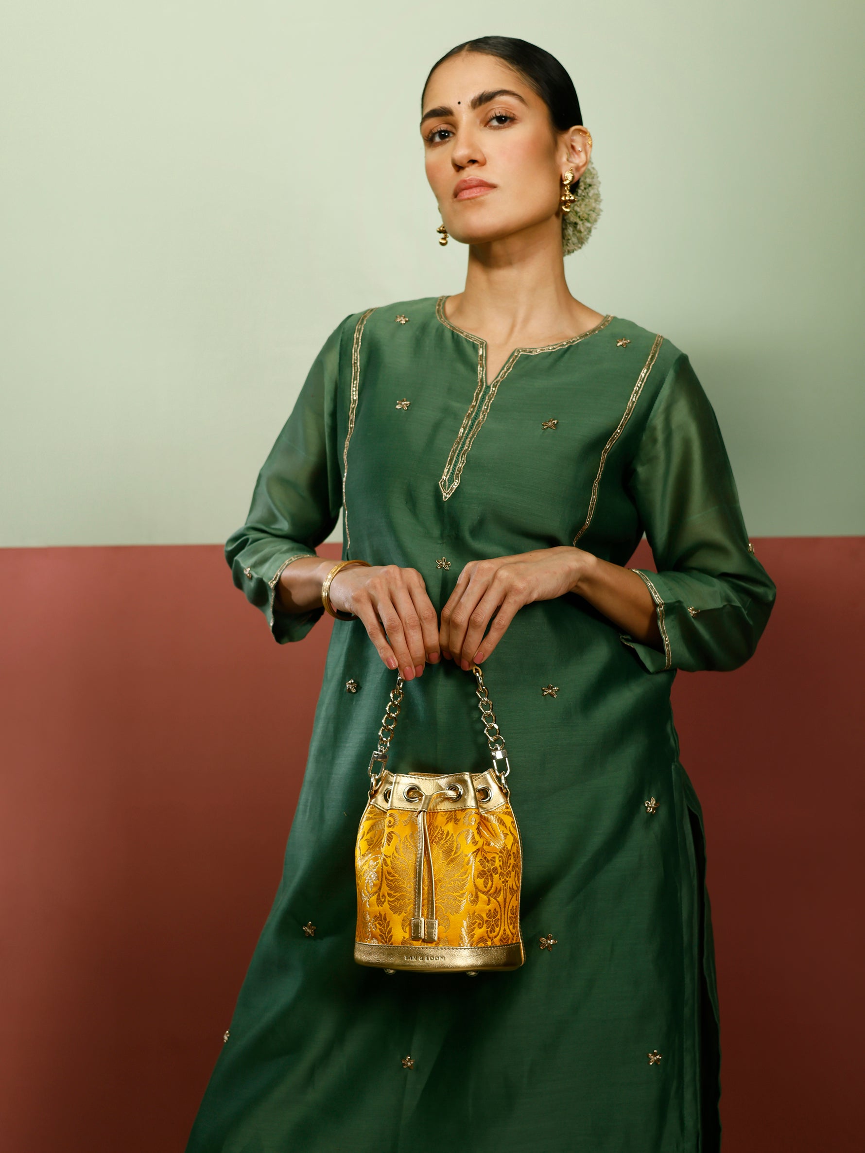 Handcrafted Yellow Genuine Leather & Banarasi Brocade Bucket Potli Bag for Women Tan & Loom