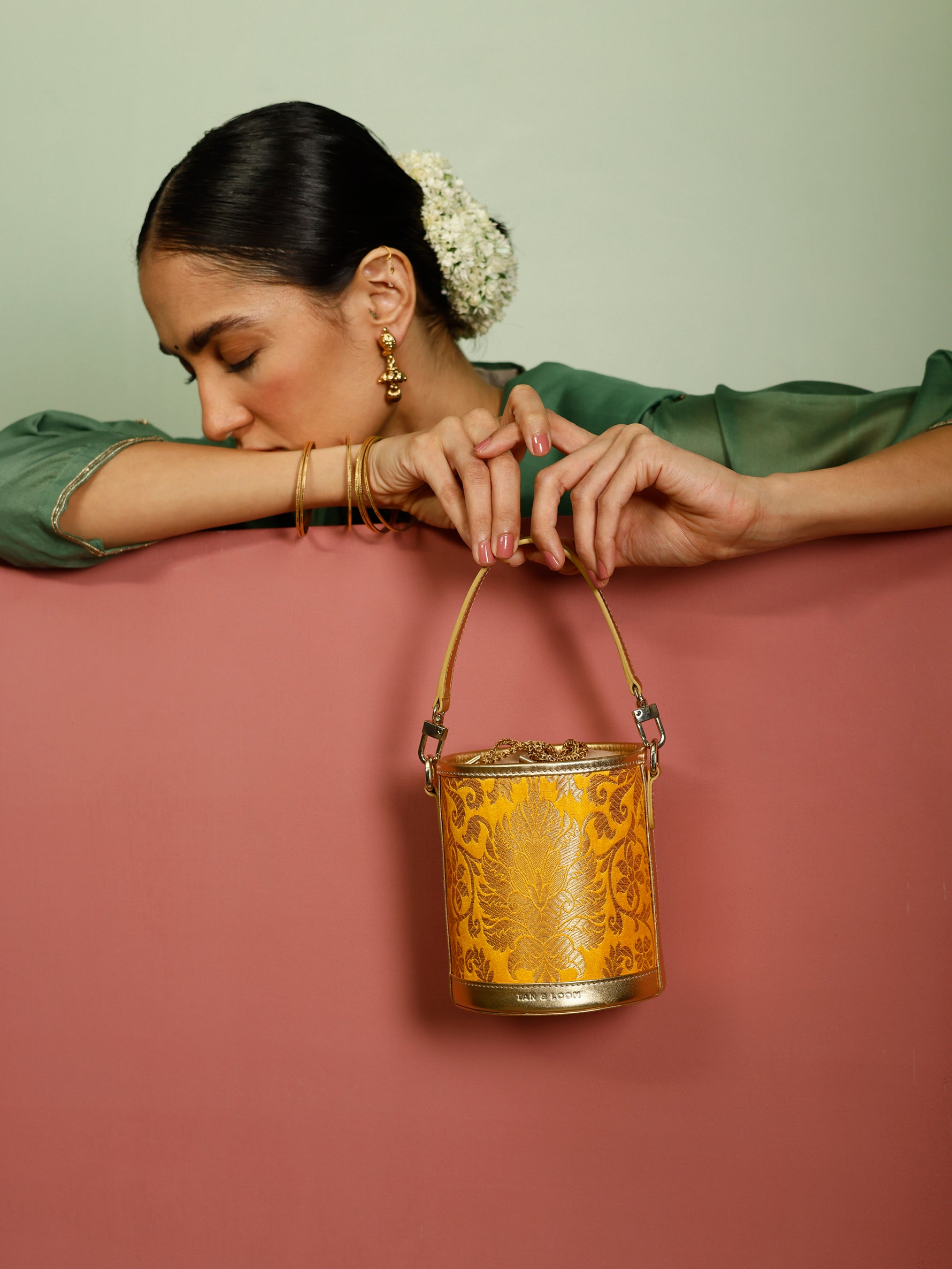 Handcrafted Yellow Genuine Leather & Banarasi Brocade Cylinder Potli Bag for Women Tan & Loom