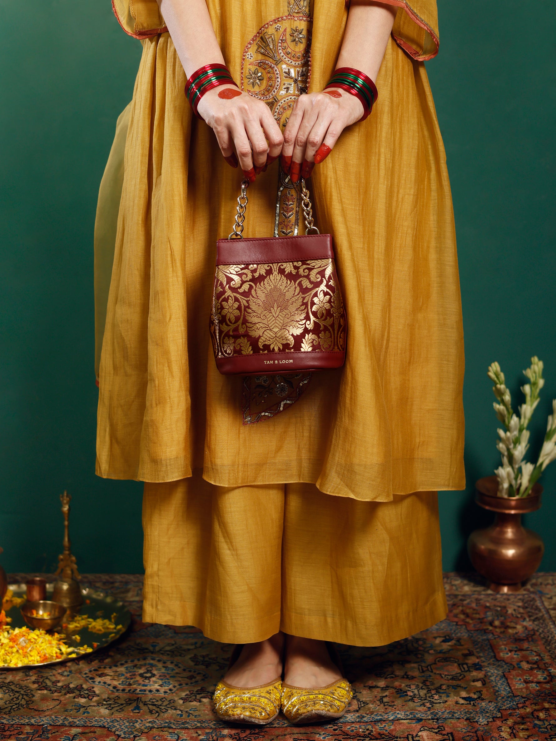 Handcrafted Maroon Genuine Leather & Banarasi Brocade Rani Batua for Women Tan & Loom