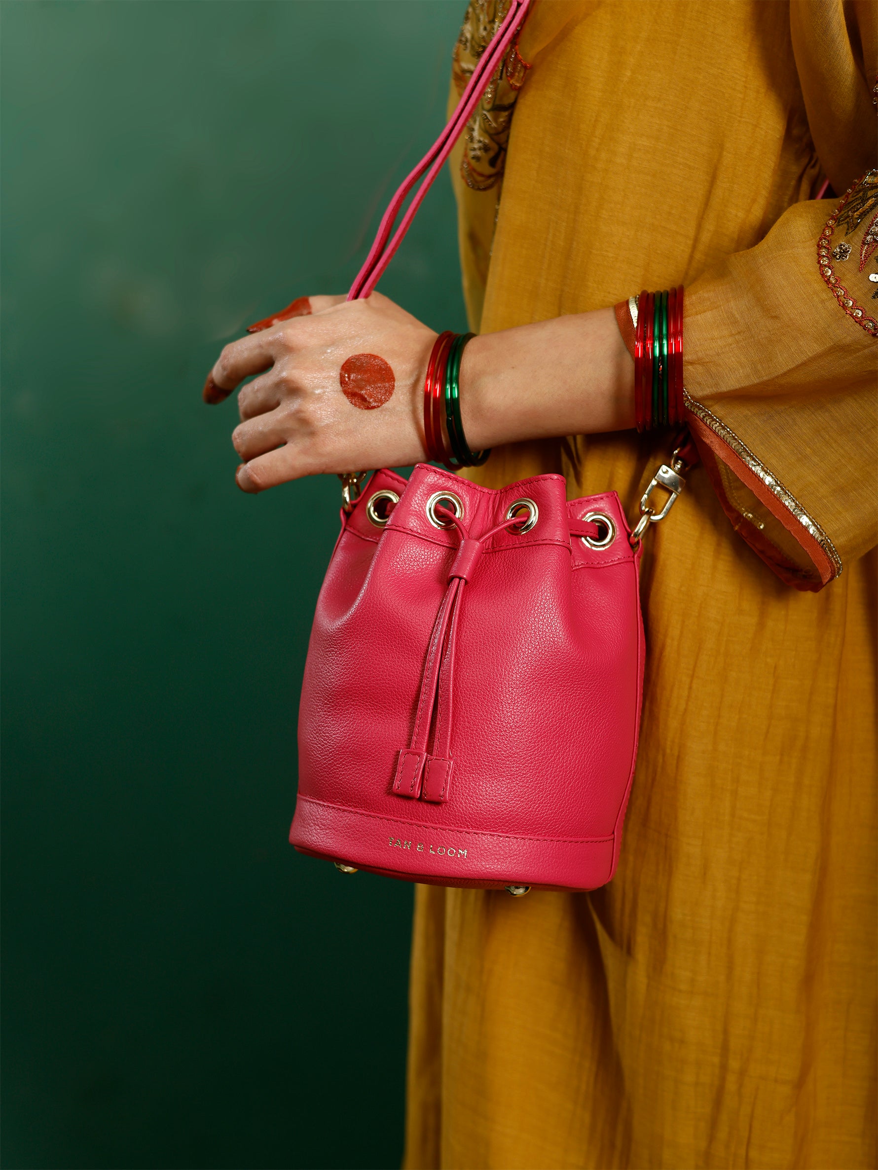 Handcrafted Pink Genuine Leather Bombay Bucket Bag for Women Tan & Loom