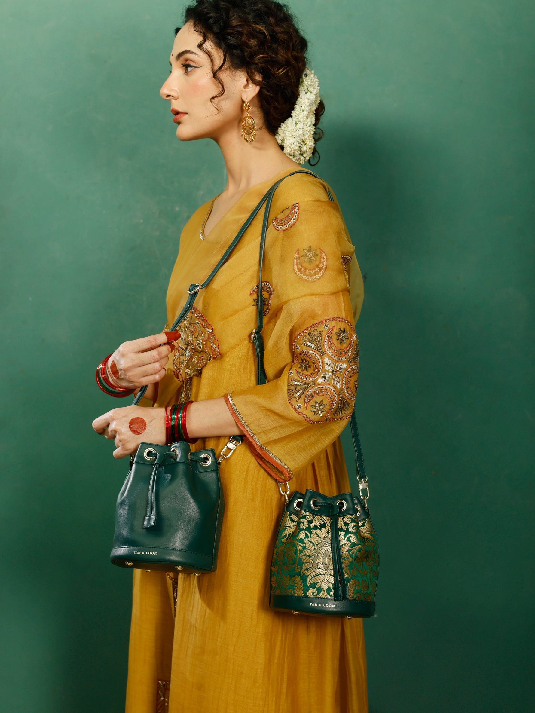 Handcrafted Forrest Green Genuine Leather & Banarasi Brocade Bucket Potli Bag for Women Tan & Loom