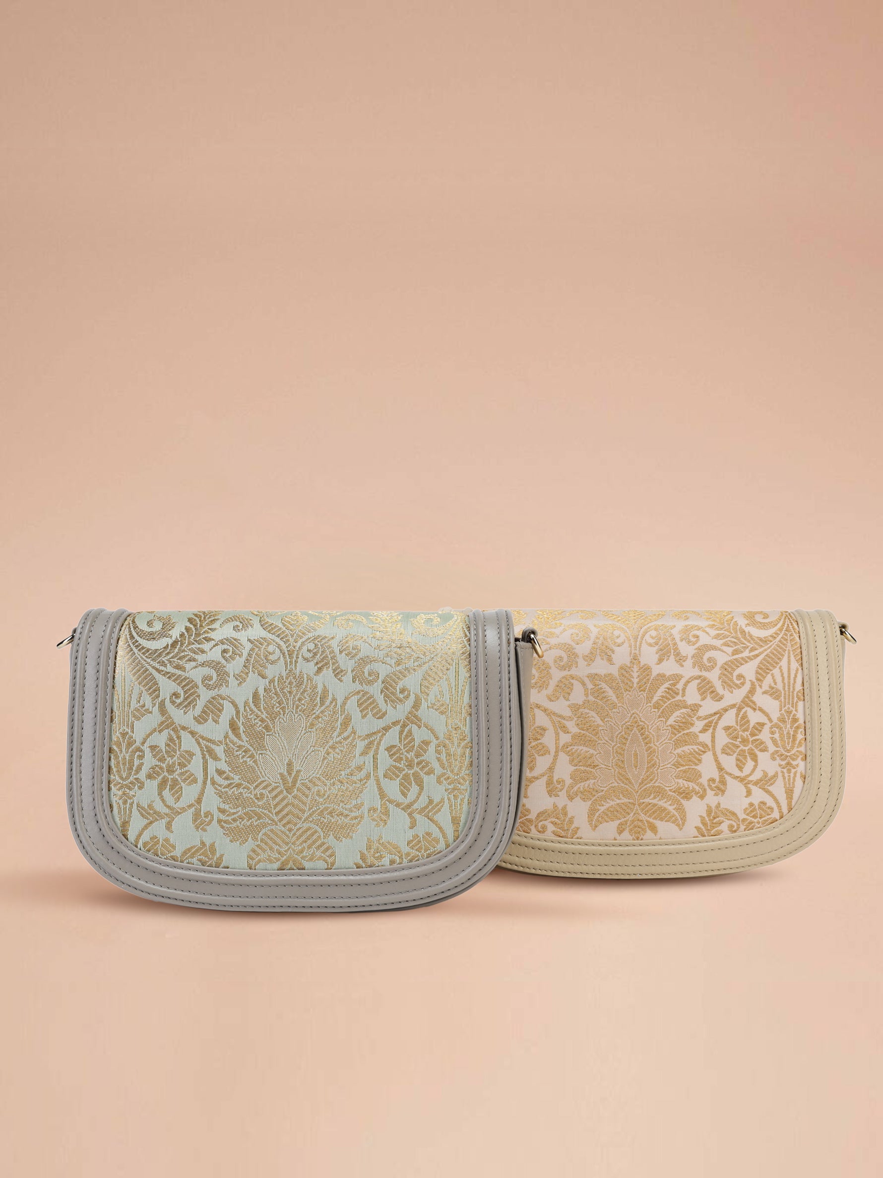 Buy grey clutch bag for women in India from Tan & Loom | Crafted with Banarasi Brocade & Genuine Leather