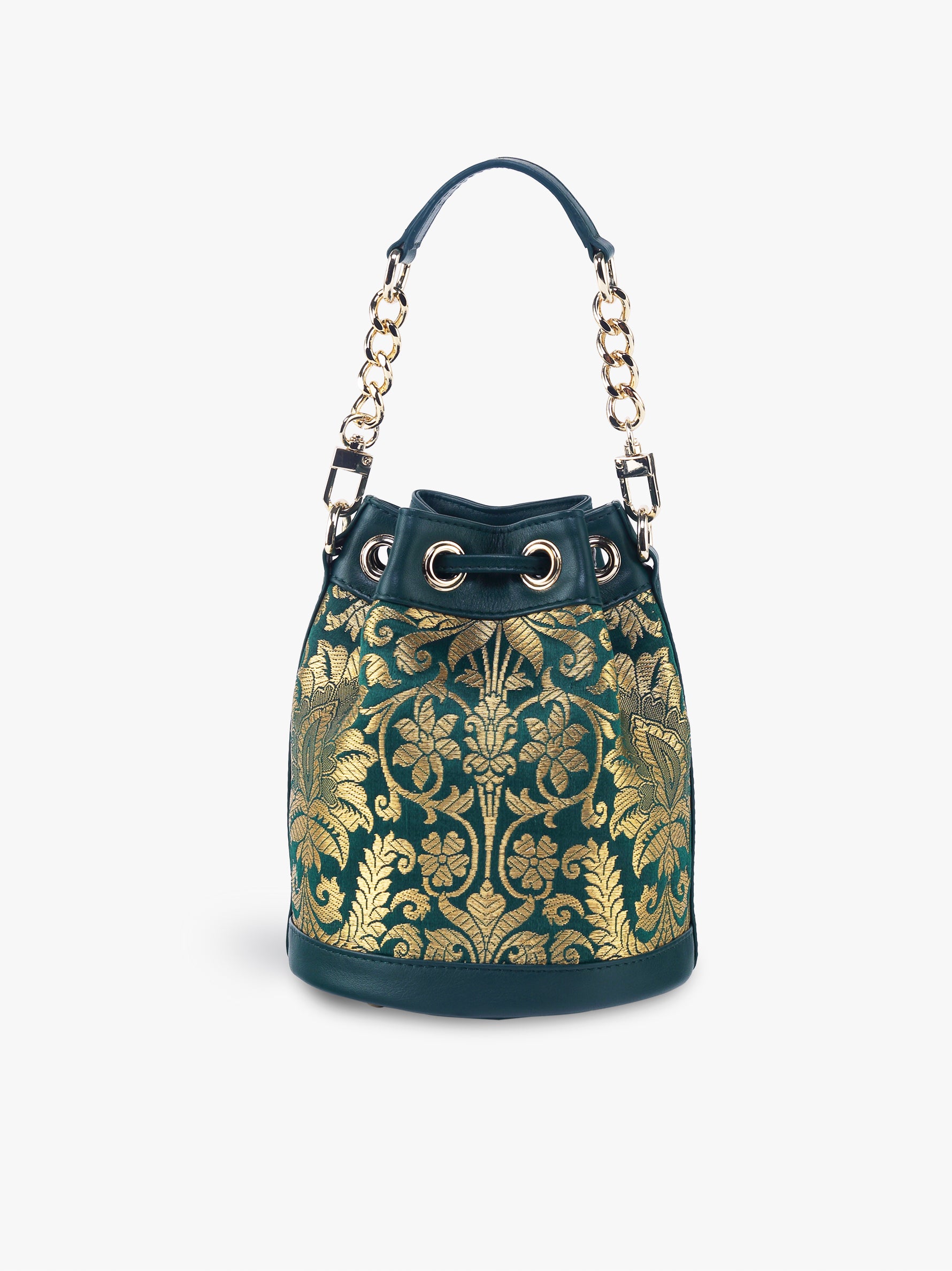 Handcrafted Forrest Green Genuine Leather & Banarasi Brocade Bucket Potli Bag for Women Tan & Loom