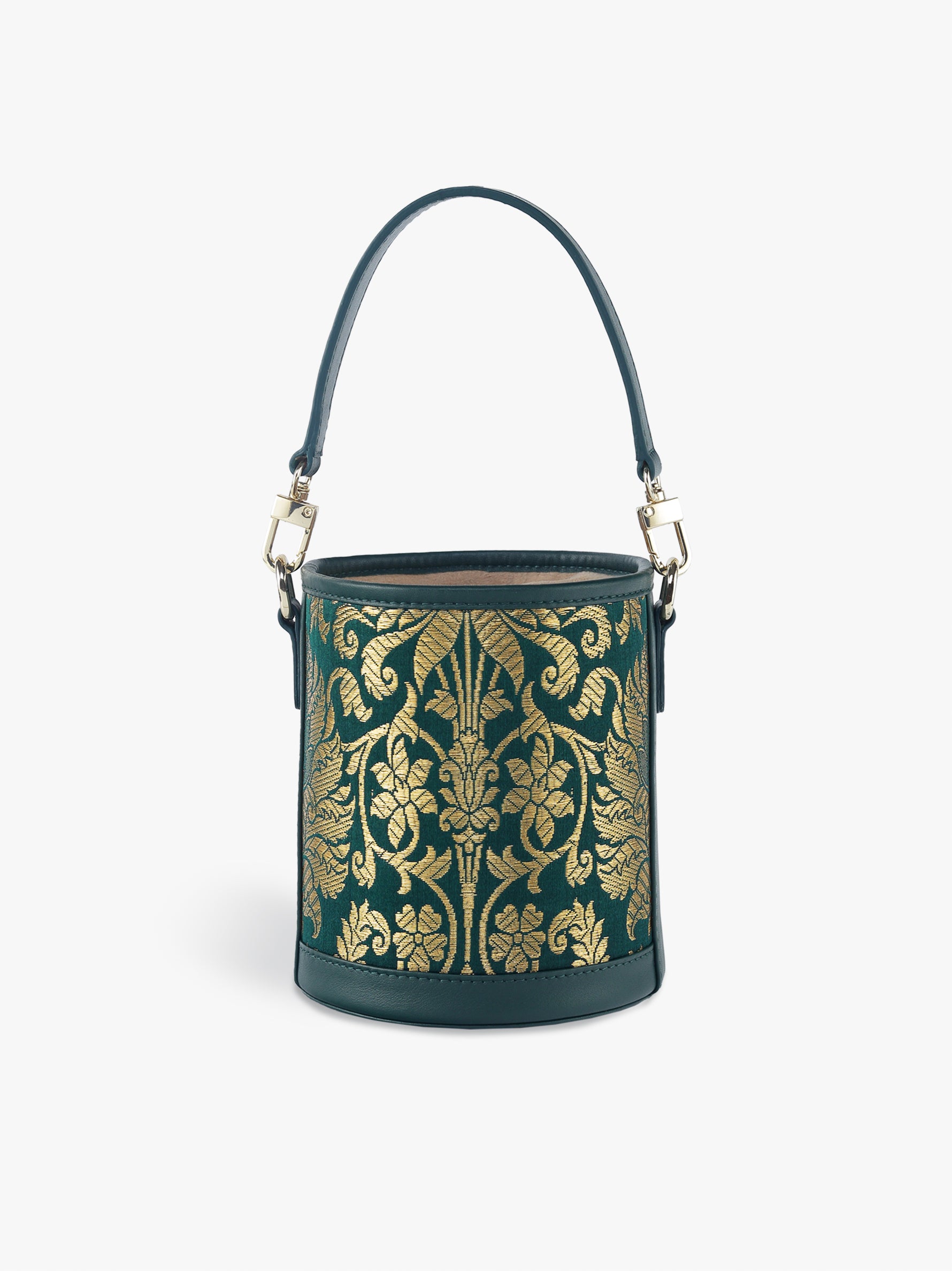 Handcrafted Forrest Green Genuine Leather & Banarasi Brocade Cylinder Potli Bag for Women Tan & Loom