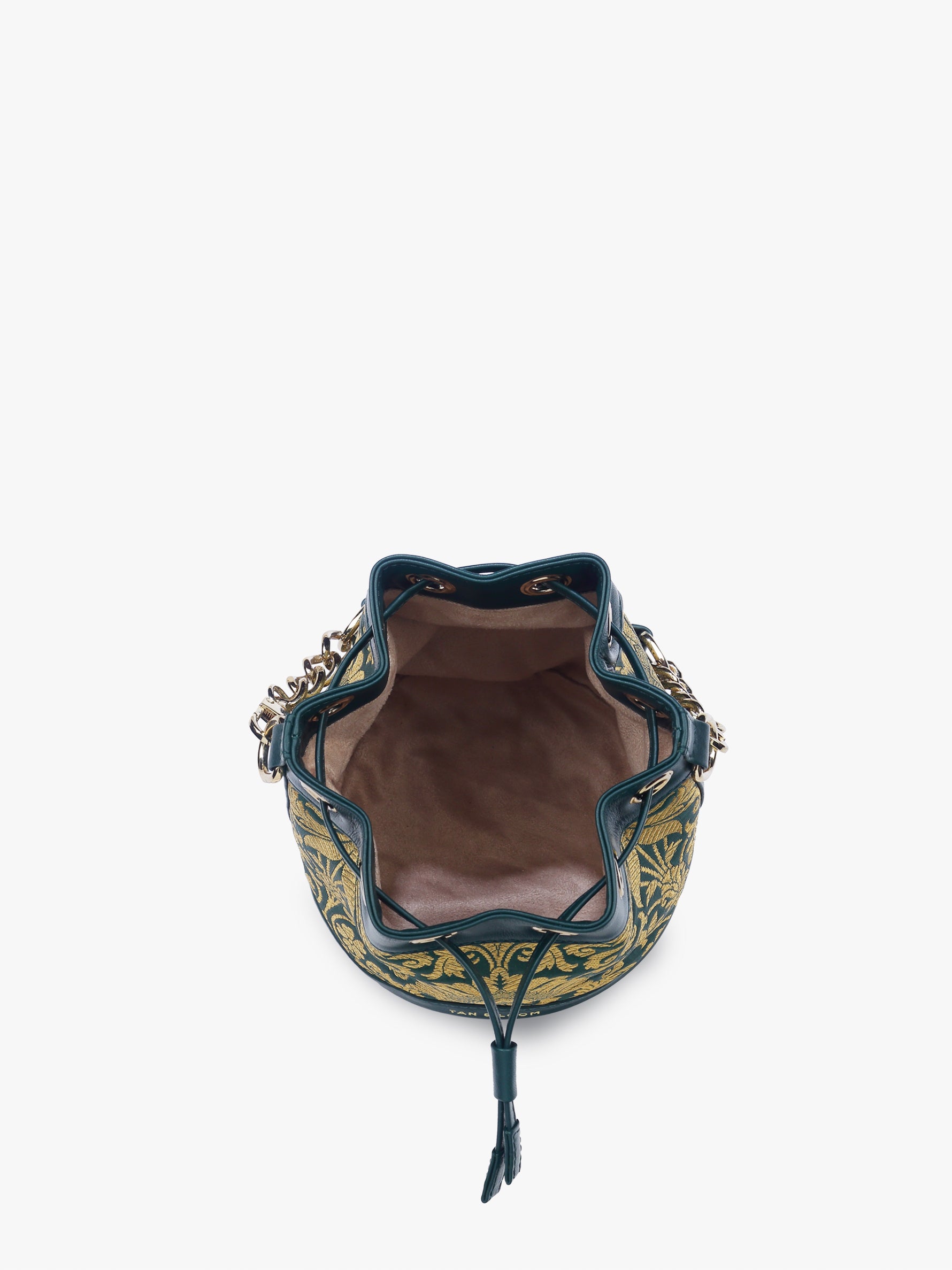 Handcrafted Forrest Green Genuine Leather & Banarasi Brocade Bucket Potli Bag for Women Tan & Loom