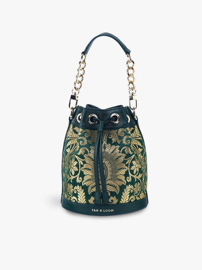 Handcrafted Forrest Green Genuine Leather & Banarasi Brocade Bucket Potli Bag for Women Tan & Loom