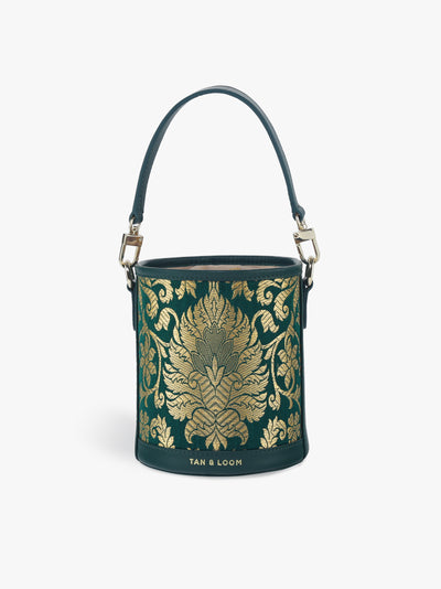 Handcrafted Forrest Green Genuine Leather & Banarasi Brocade Cylinder Potli Bag for Women Tan & Loom