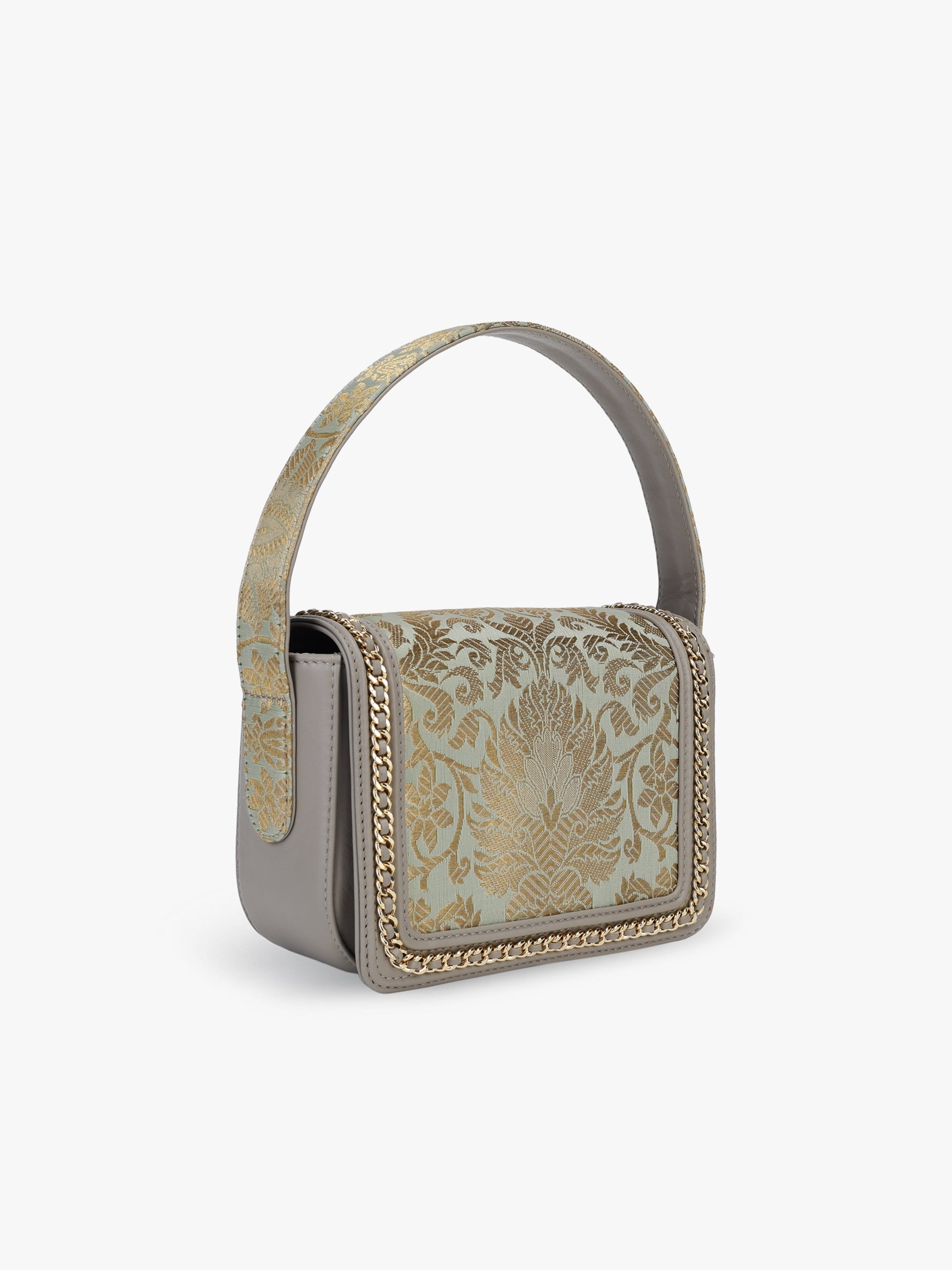 Buy grey clutch bag for women in India from Tan & Loom | Crafted with Banarasi Brocade & Genuine Leather