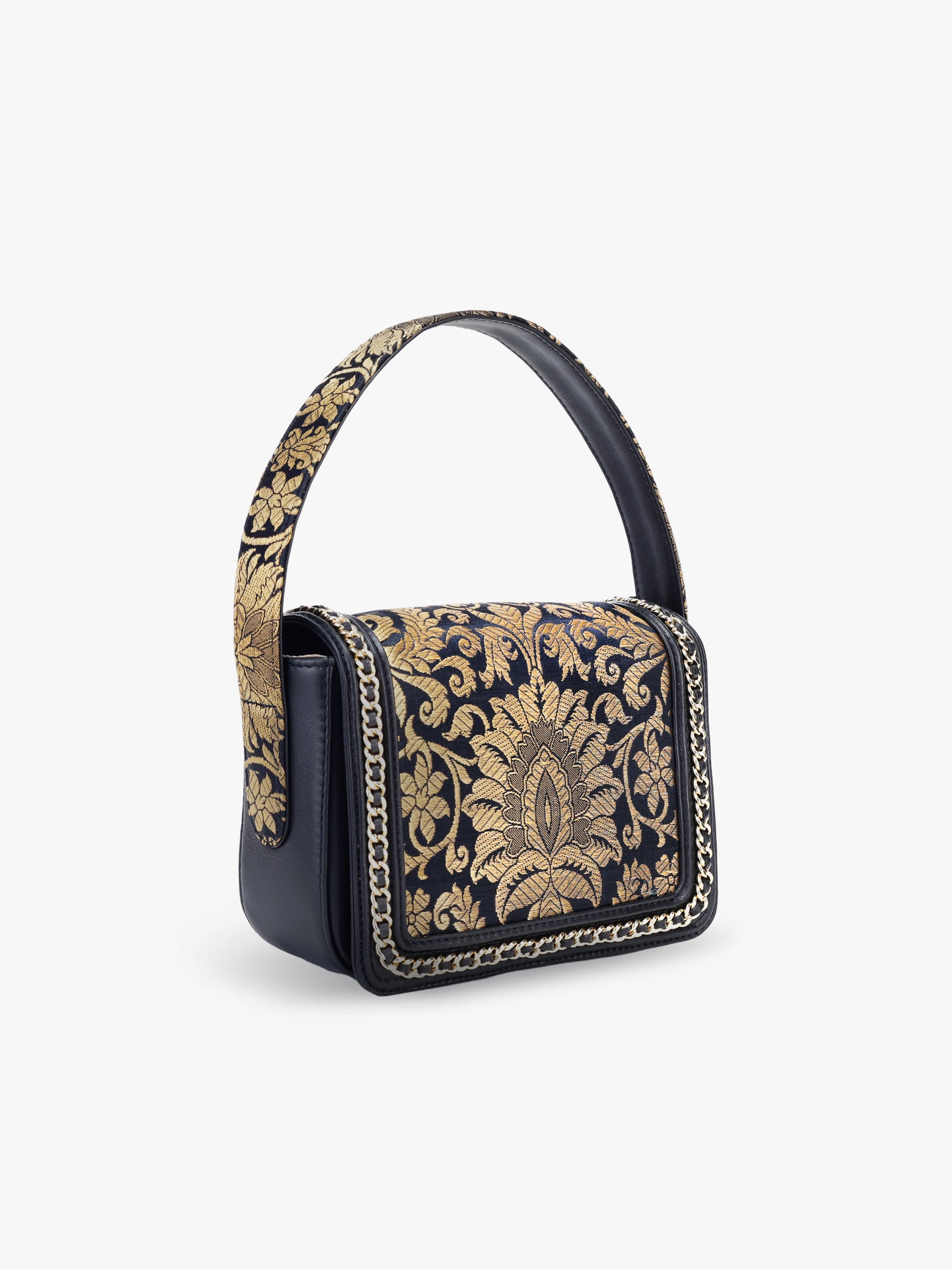 Buy black clutch bag for women in India from Tan & Loom | Crafted with Banarasi Brocade & Genuine Leather