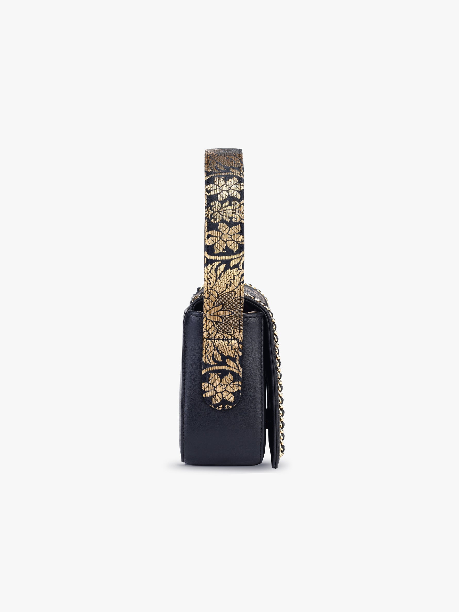 Buy black clutch bag for women in India from Tan & Loom | Crafted with Banarasi Brocade & Genuine Leather