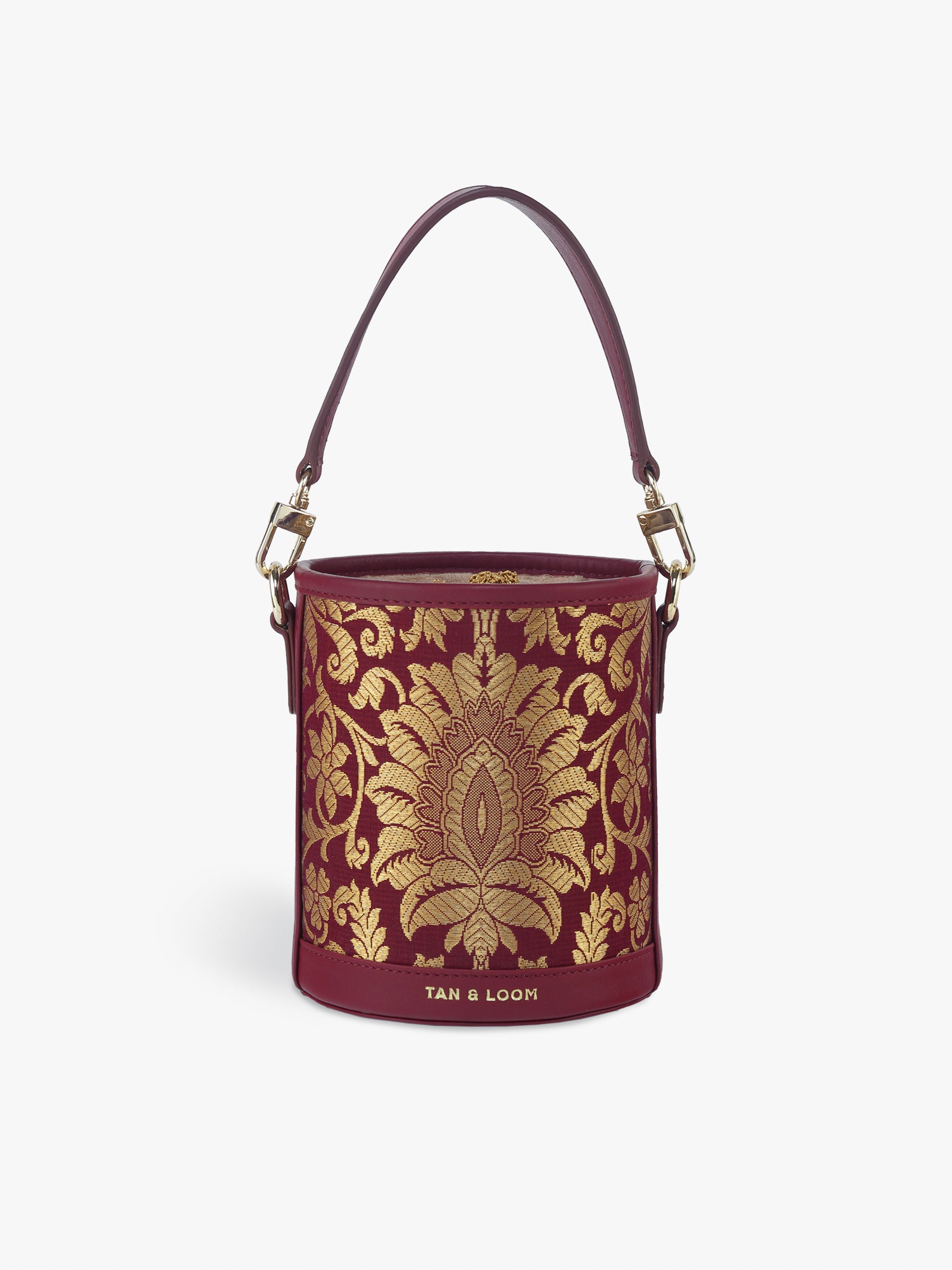 Handcrafted Maroon Genuine Leather & Banarasi Brocade Cylinder Potli Bag for Women Tan & Loom