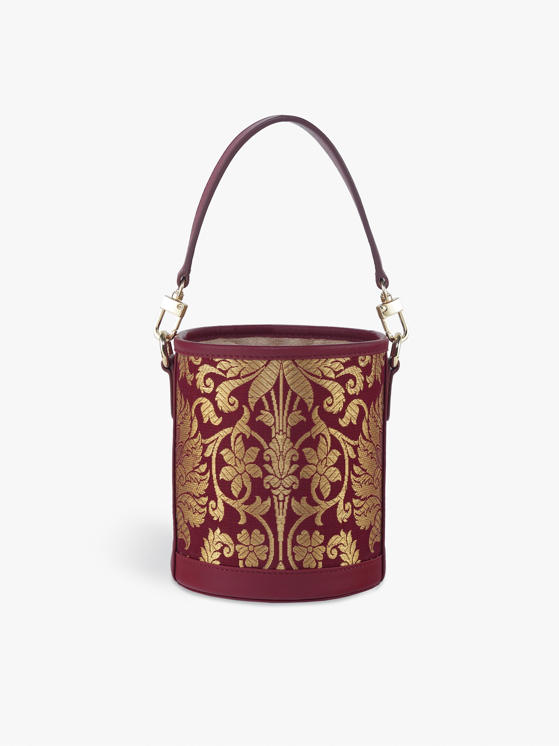 Handcrafted Maroon Genuine Leather & Banarasi Brocade Cylinder Potli Bag for Women Tan & Loom