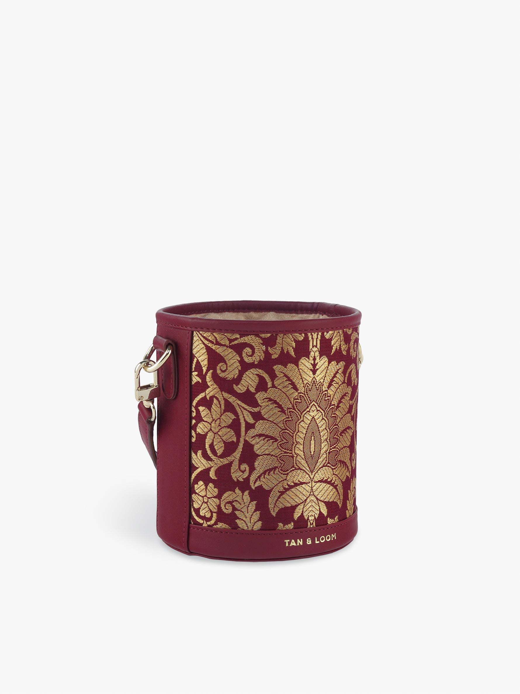 Handcrafted Maroon Genuine Leather & Banarasi Brocade Cylinder Potli Bag for Women Tan & Loom