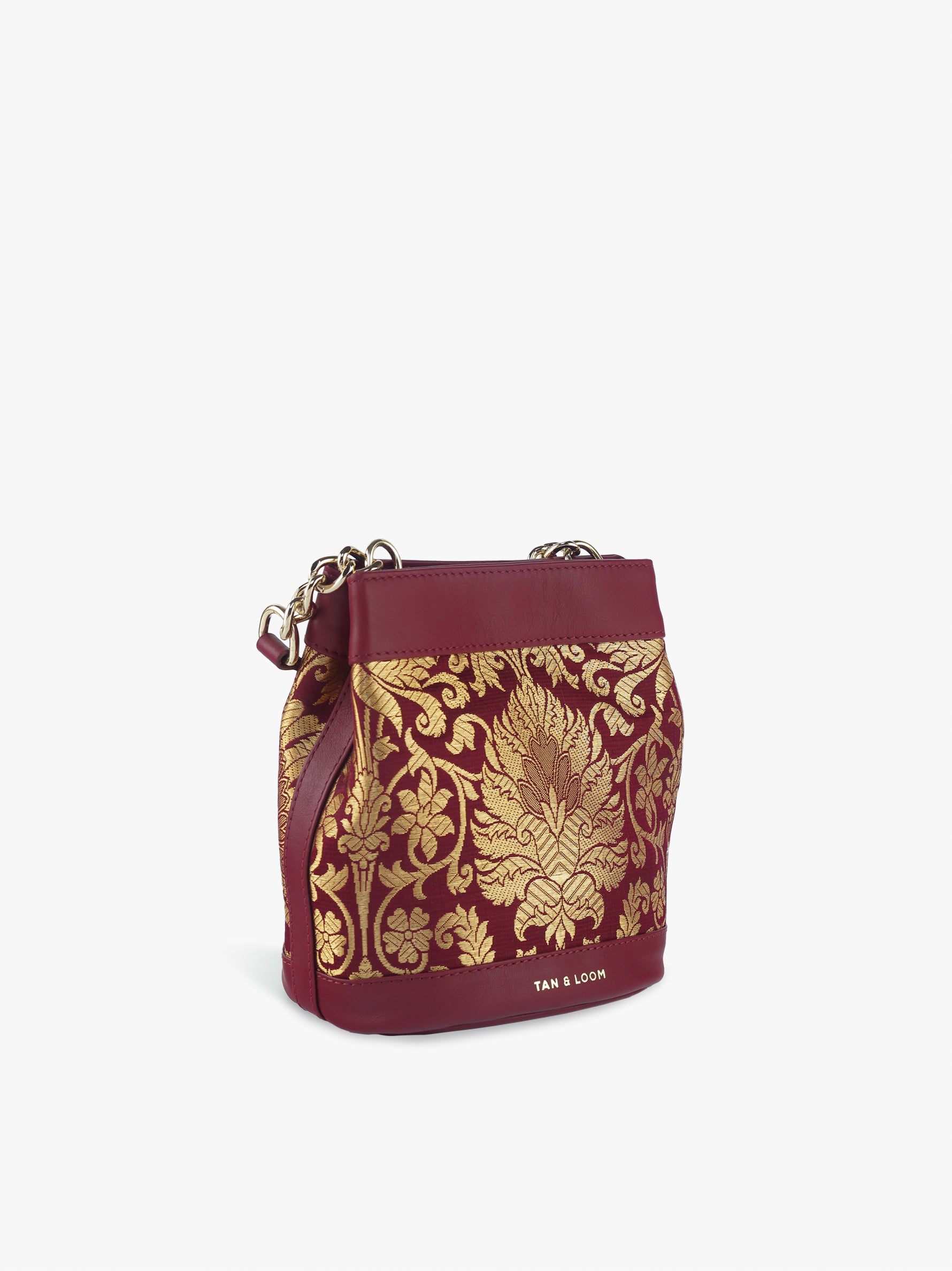 Handcrafted Maroon Genuine Leather & Banarasi Brocade Rani Batua for Women Tan & Loom