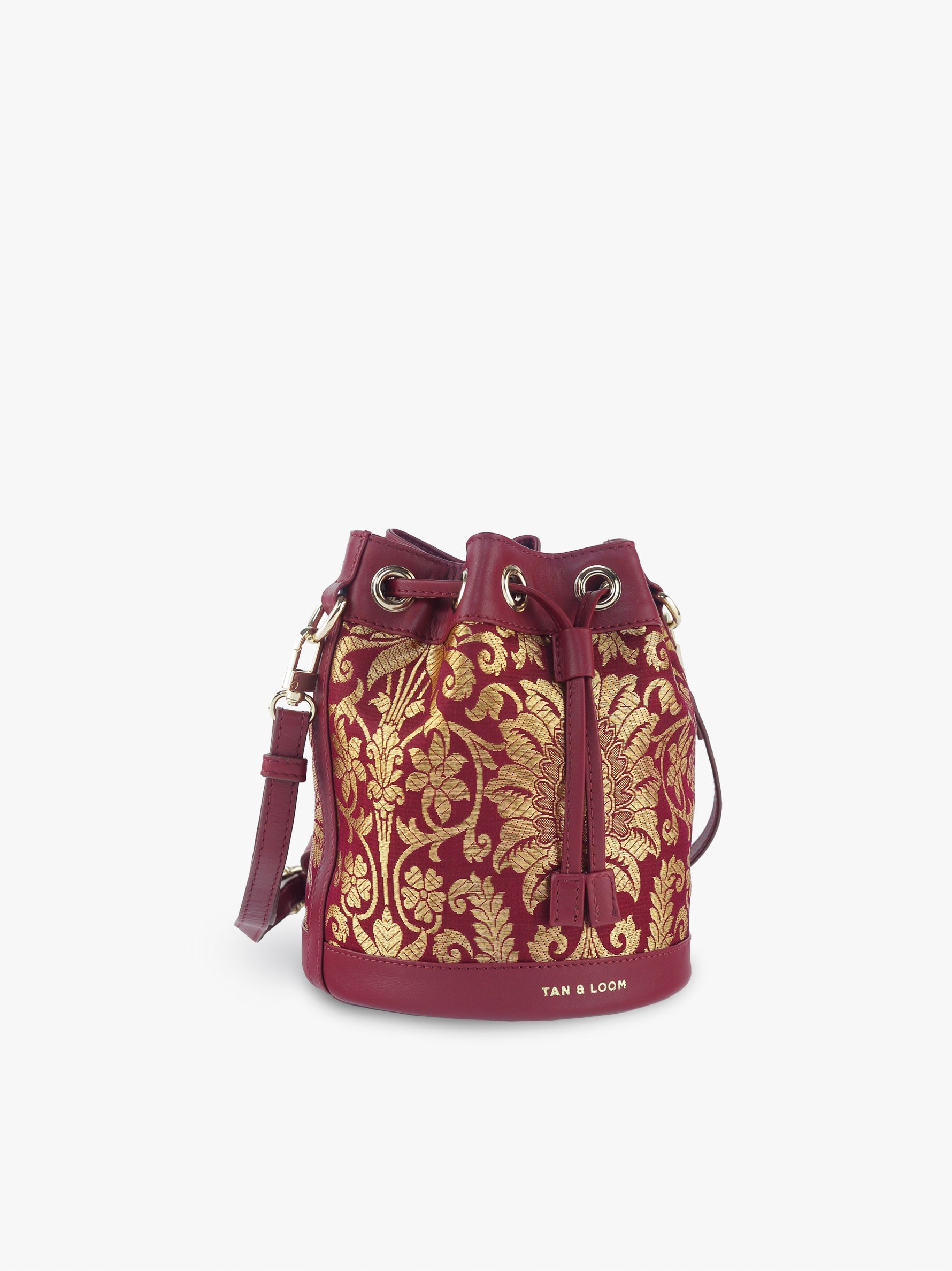 Handcrafted Maroon Genuine Leather & Banarasi Brocade Bucket Potli Bag for Women Tan & Loom