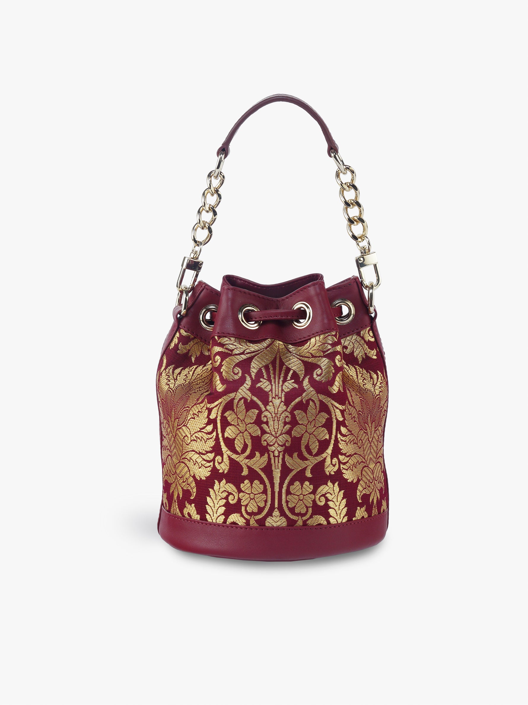 Handcrafted Maroon Genuine Leather & Banarasi Brocade Bucket Potli Bag for Women Tan & Loom