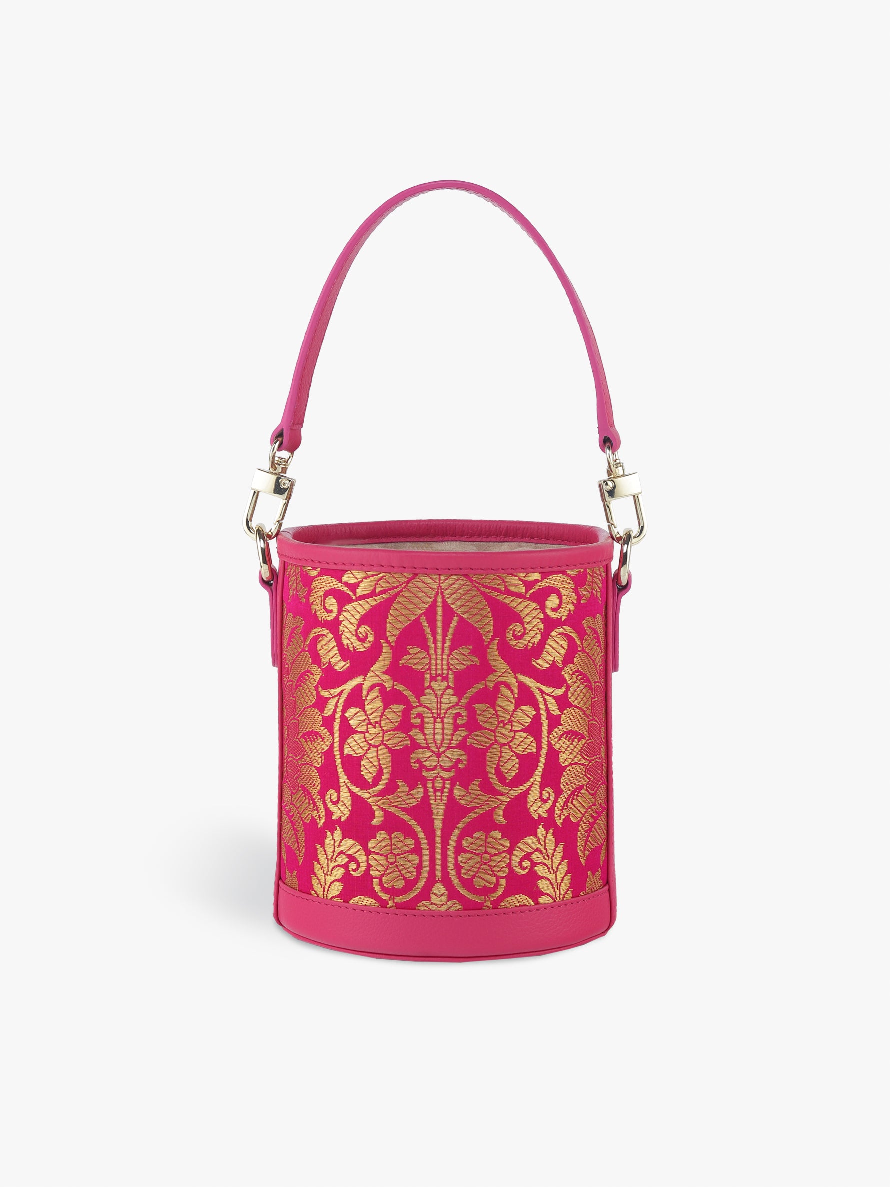 Handcrafted Pink Genuine Leather & Banarasi Brocade Cylinder Potli Bag for Women Tan & Loom 