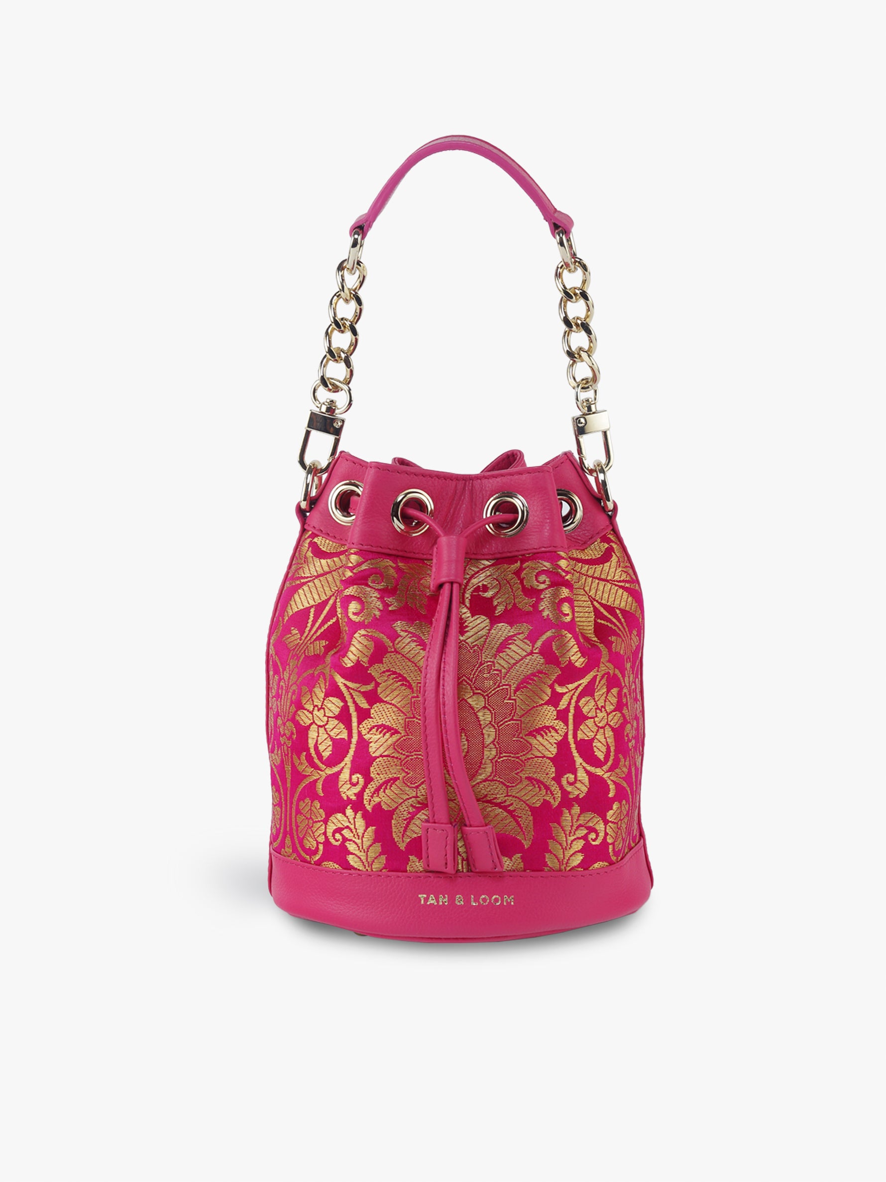 Handcrafted Pink Genuine Leather & Banarasi Brocade Bombay Bucket Bag for Women Tan & Loom