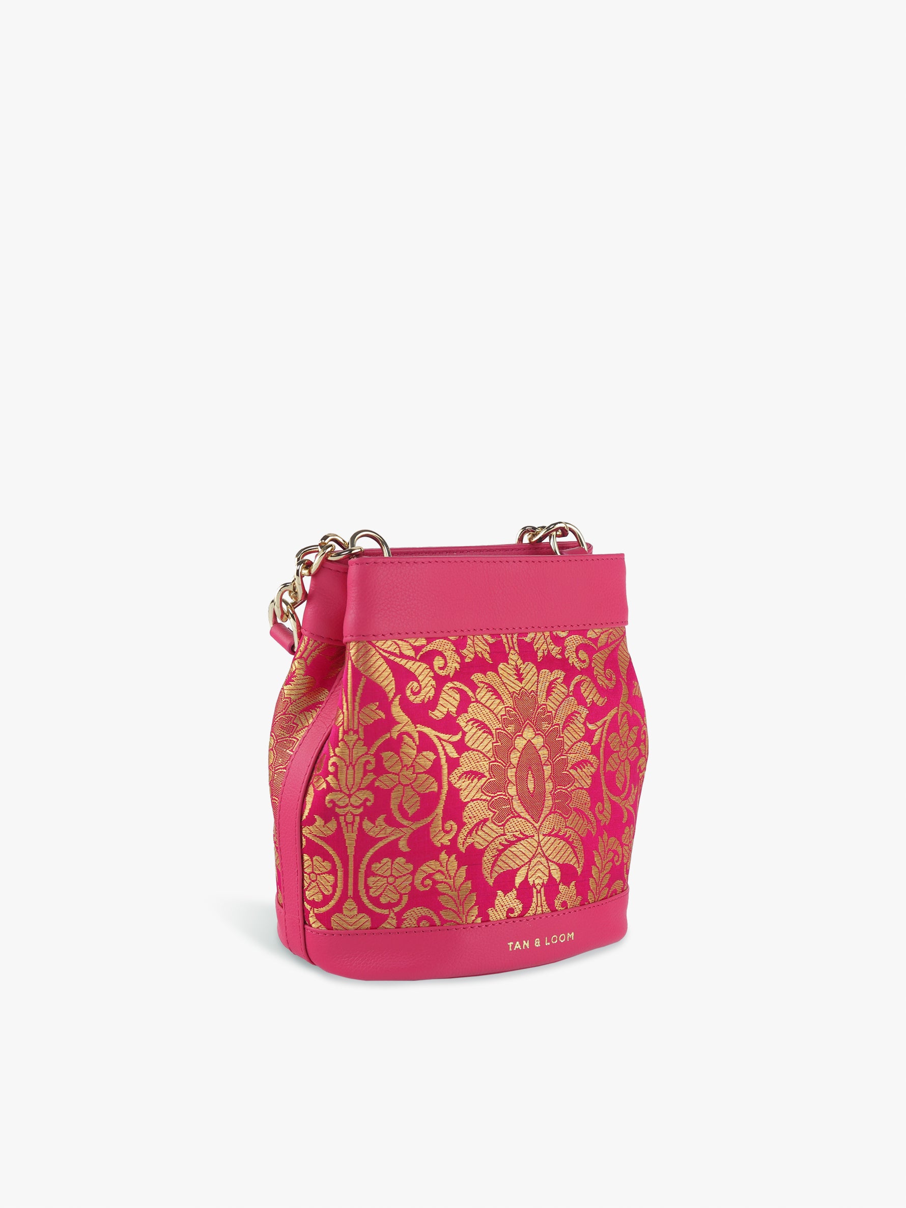 Handcrafted Pink Genuine Leather & Banarasi Brocade Rani Batua for Women Tan & Loom