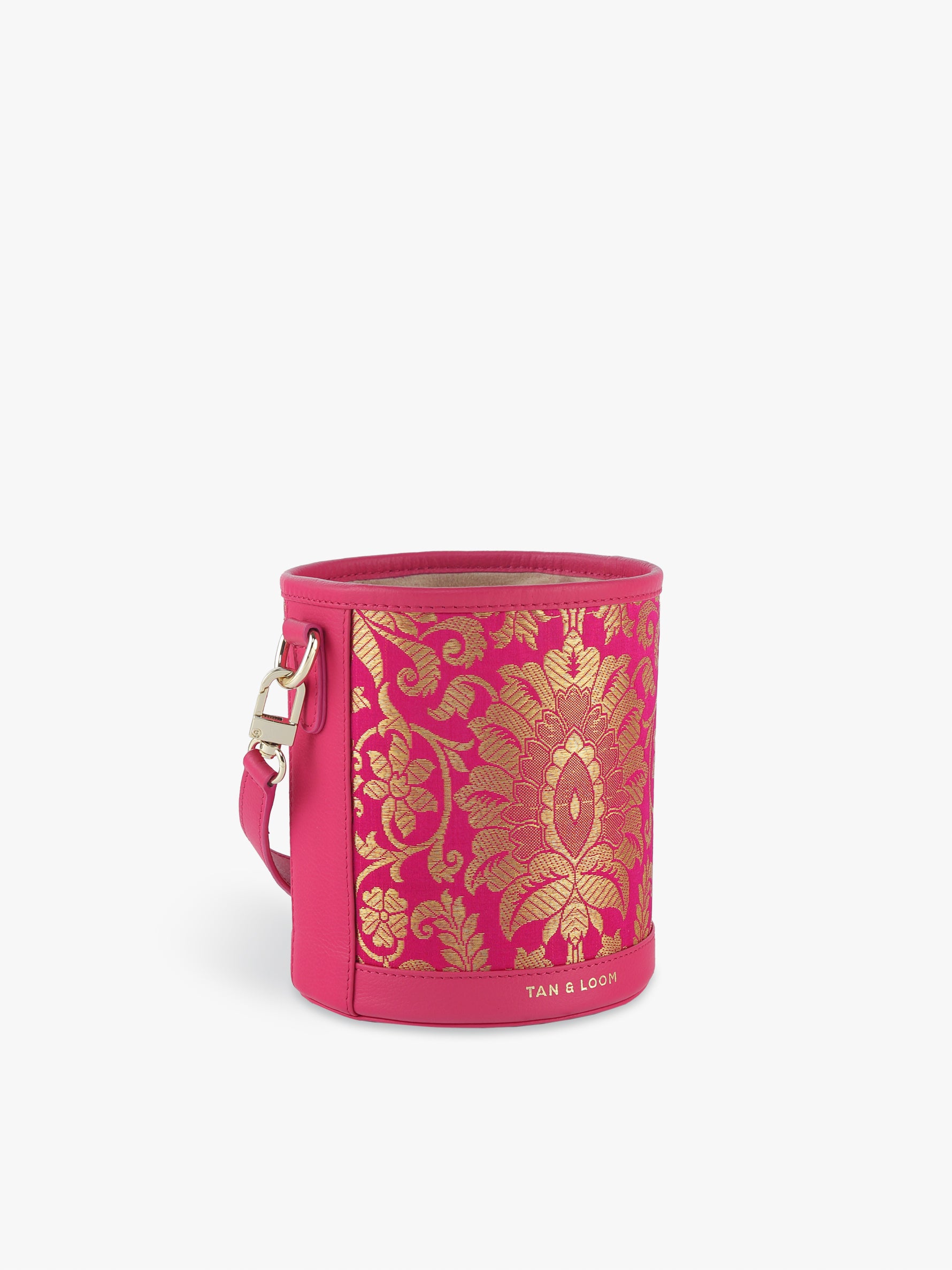 Handcrafted Pink Genuine Leather & Banarasi Brocade Cylinder Potli Bag for Women Tan & Loom 