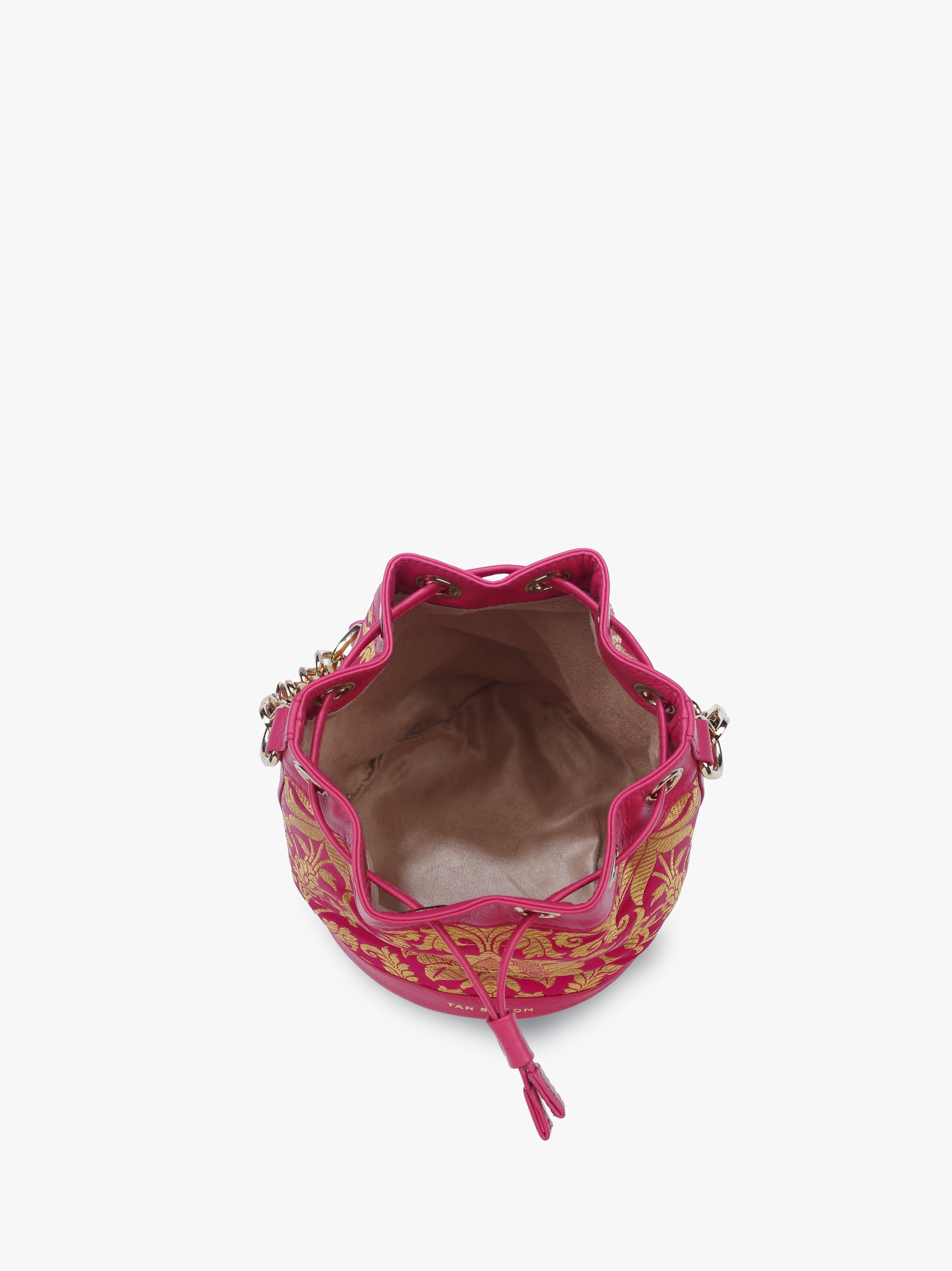 Handcrafted Pink Genuine Leather & Banarasi Brocade Bombay Bucket Bag for Women Tan & Loom
