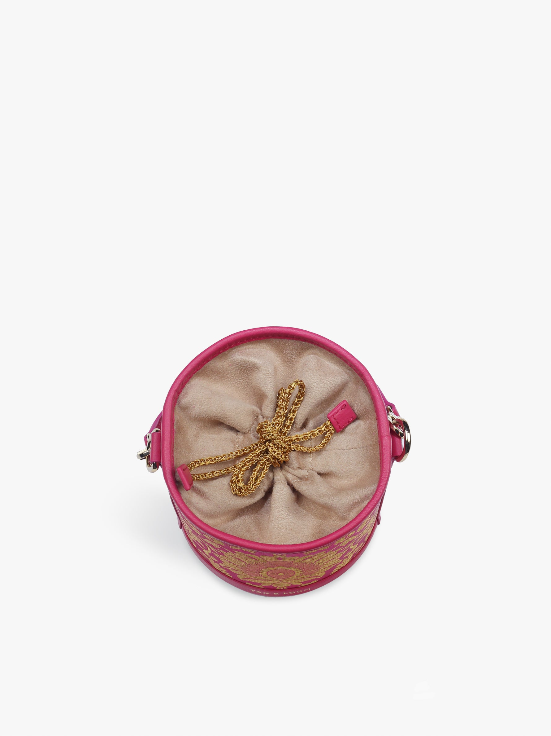 Handcrafted Pink Genuine Leather & Banarasi Brocade Cylinder Potli Bag for Women Tan & Loom 