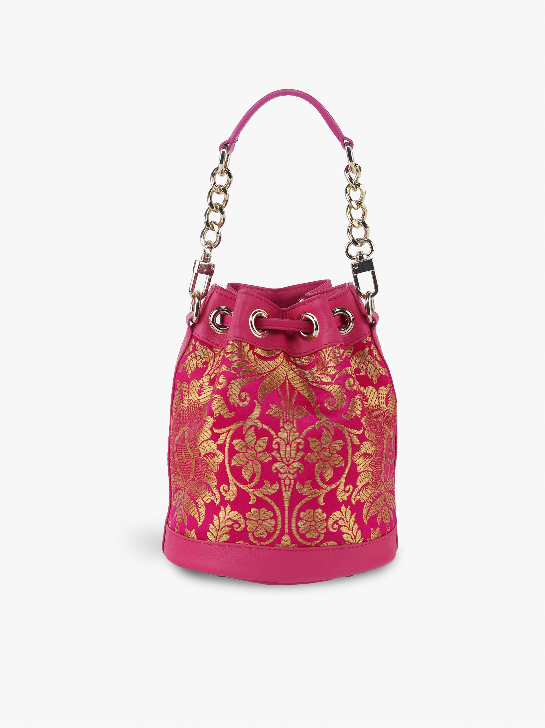Handcrafted Pink Genuine Leather & Banarasi Brocade Bombay Bucket Bag for Women Tan & Loom