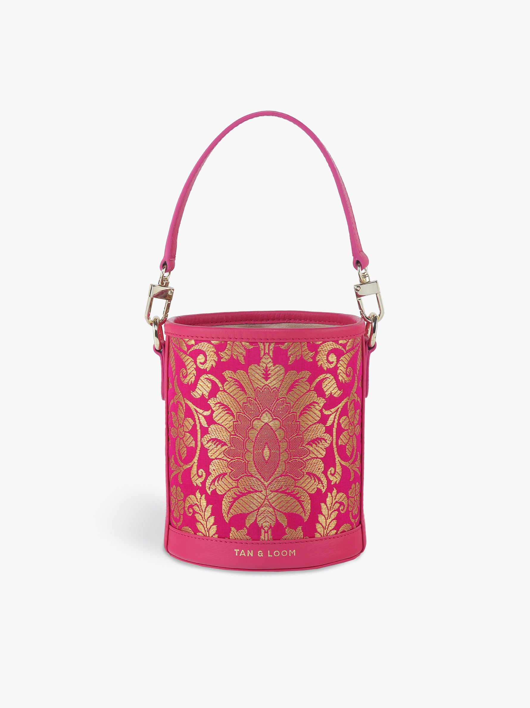 Handcrafted Pink Genuine Leather & Banarasi Brocade Cylinder Potli Bag for Women Tan & Loom 