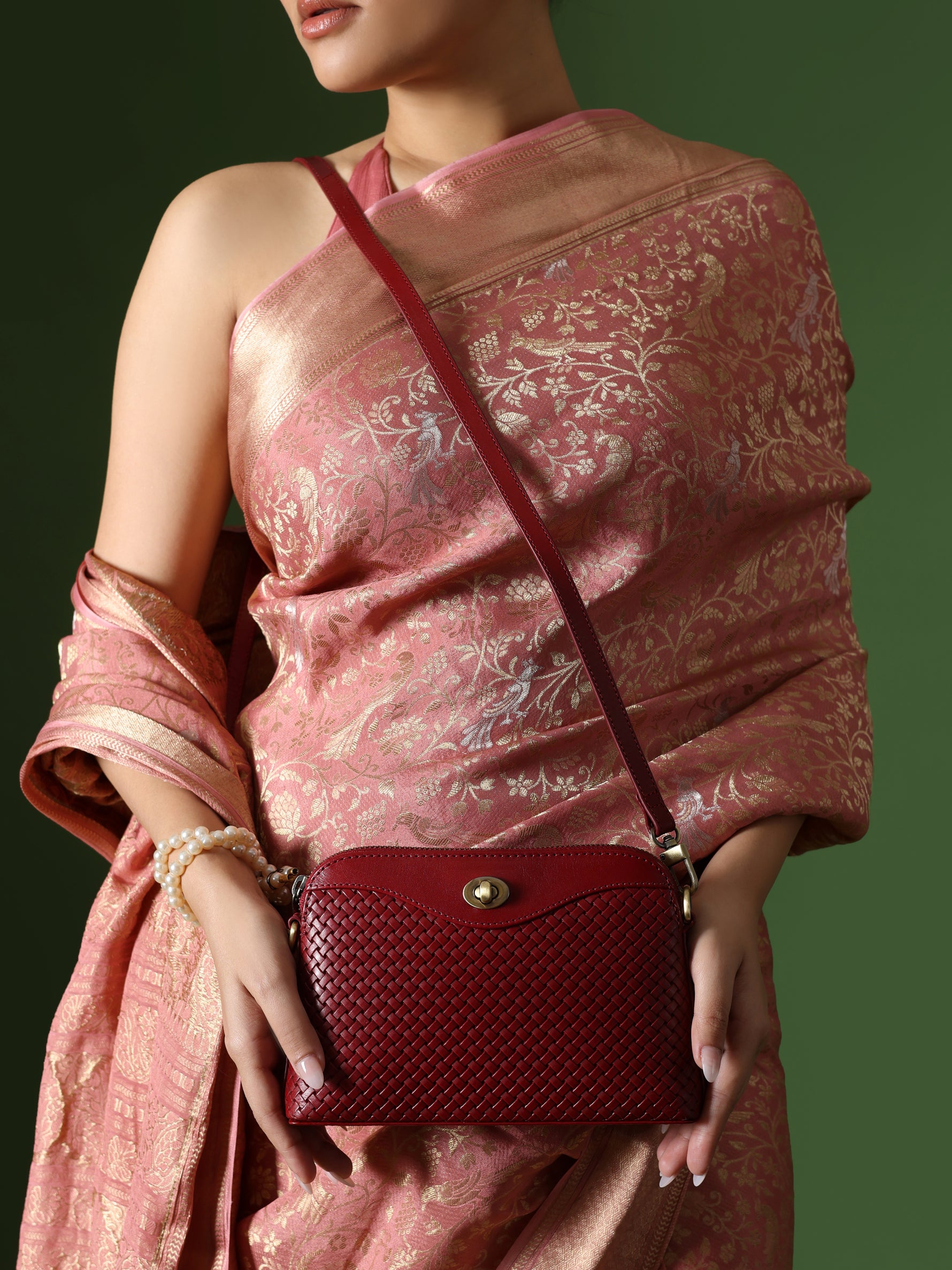 Handcrafted Woven Vegetable Tanned Leather Nilgiri Sling (Medium) Cherry Red for Women Tan & Loom