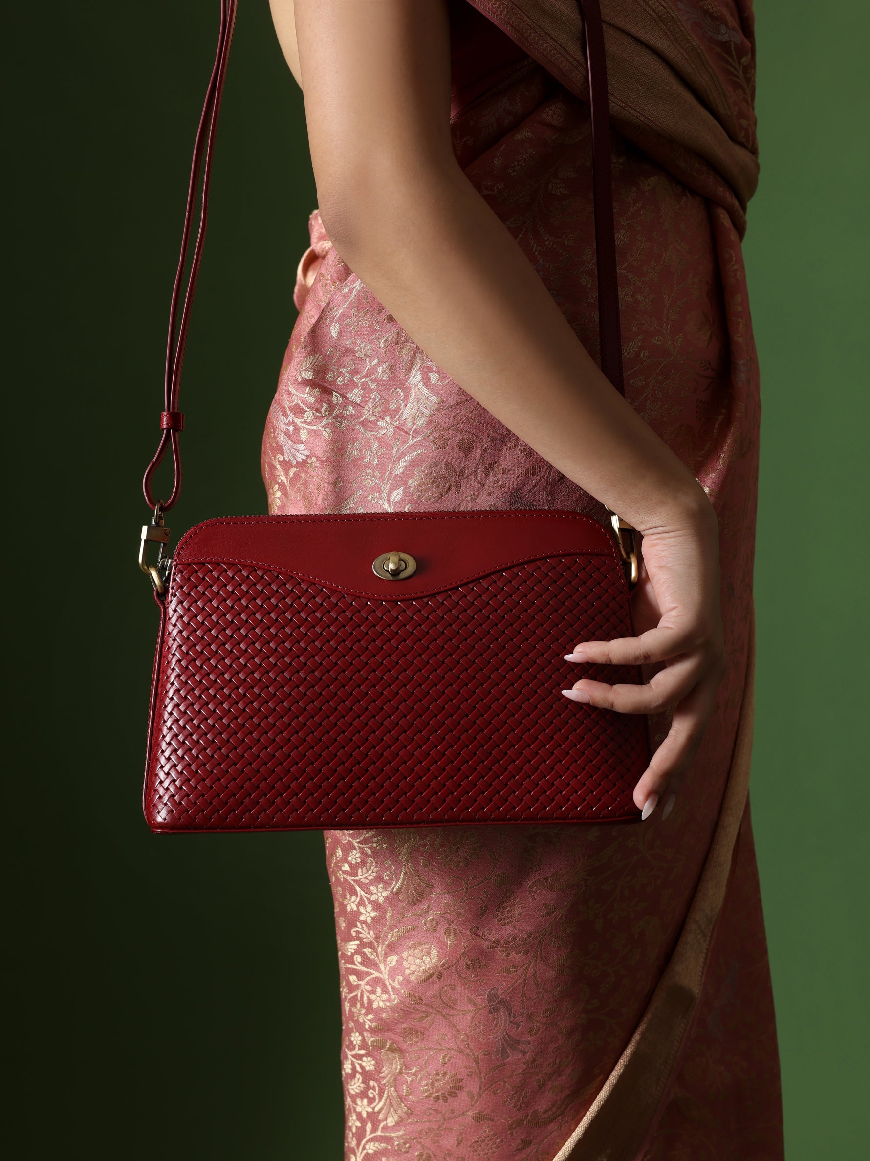 Handcrafted Woven Vegetable Tanned Leather Nilgiri Sling (Large) Cherry Red for Women Tan & Loom