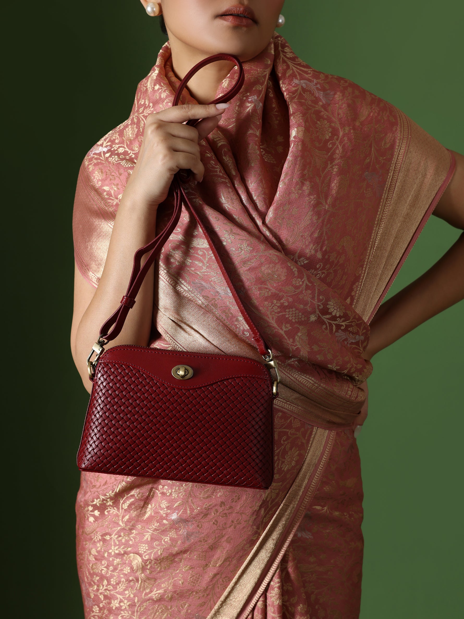 Handcrafted Woven Vegetable Tanned Leather Nilgiri Sling (Medium) Cherry Red for Women Tan & Loom